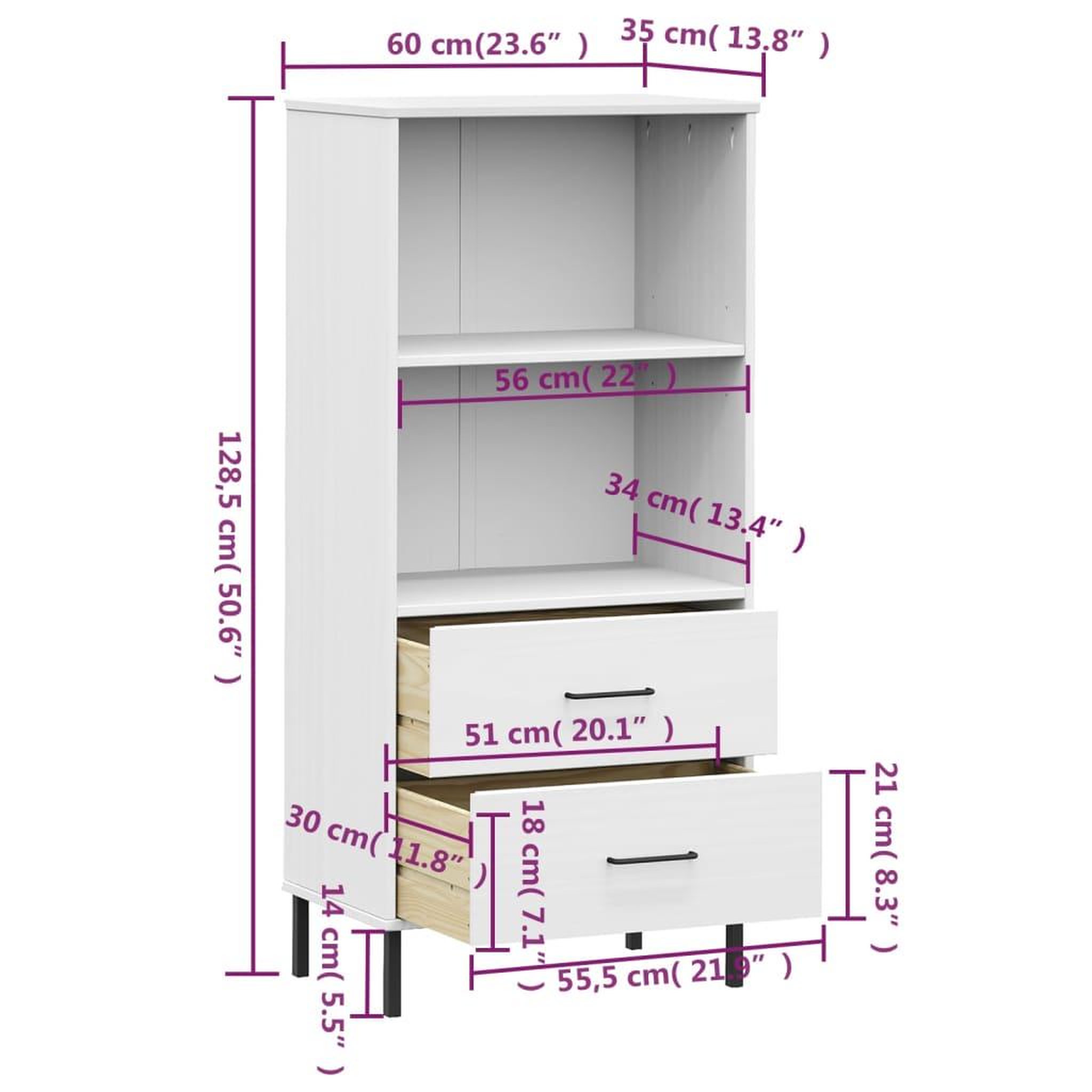 Voir la diapositive 6 : VIDAXL Bibliotheque a 2 tiroirs Blanc 60x35x128,5 cm Bois massif OSLO