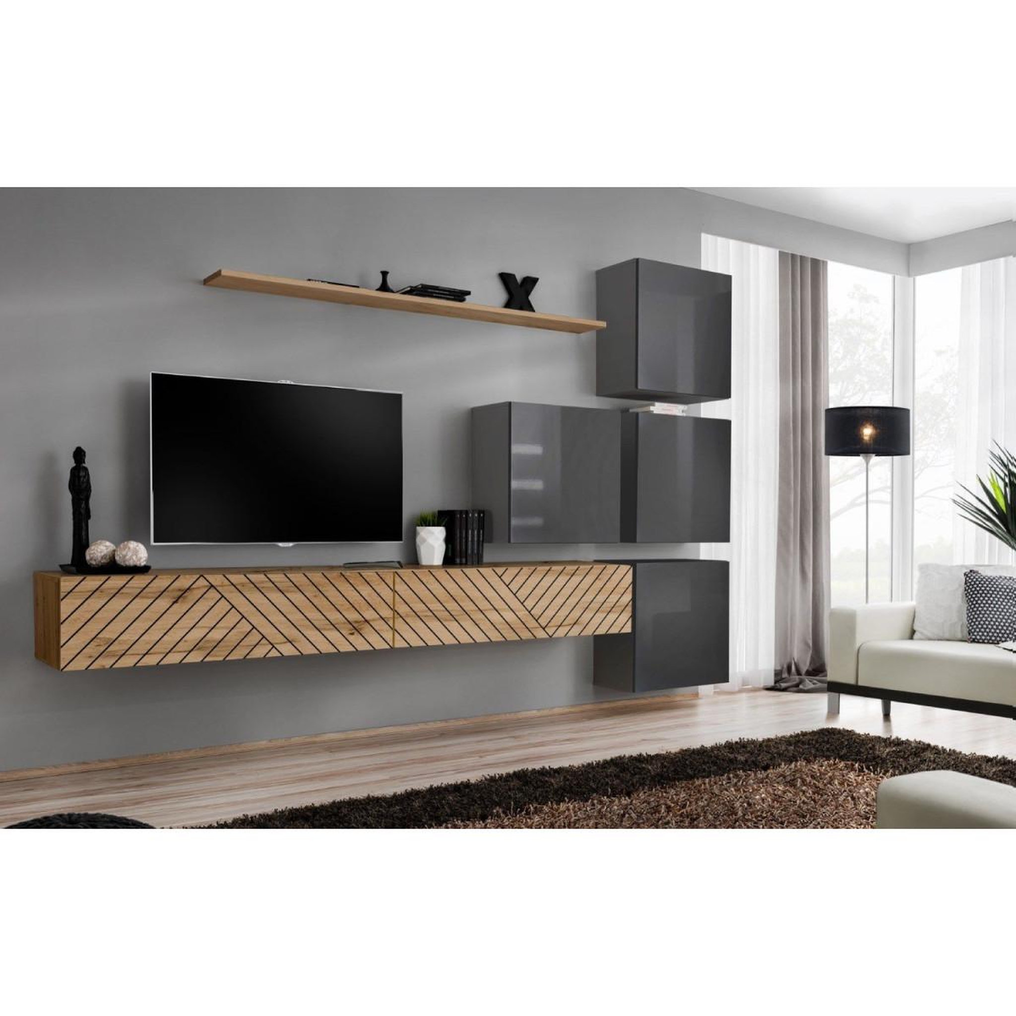 Voir la diapositive 2 : Paris Prix Ensemble Meuble TV  Switch Lamel IX  310cm Naturel & Gris