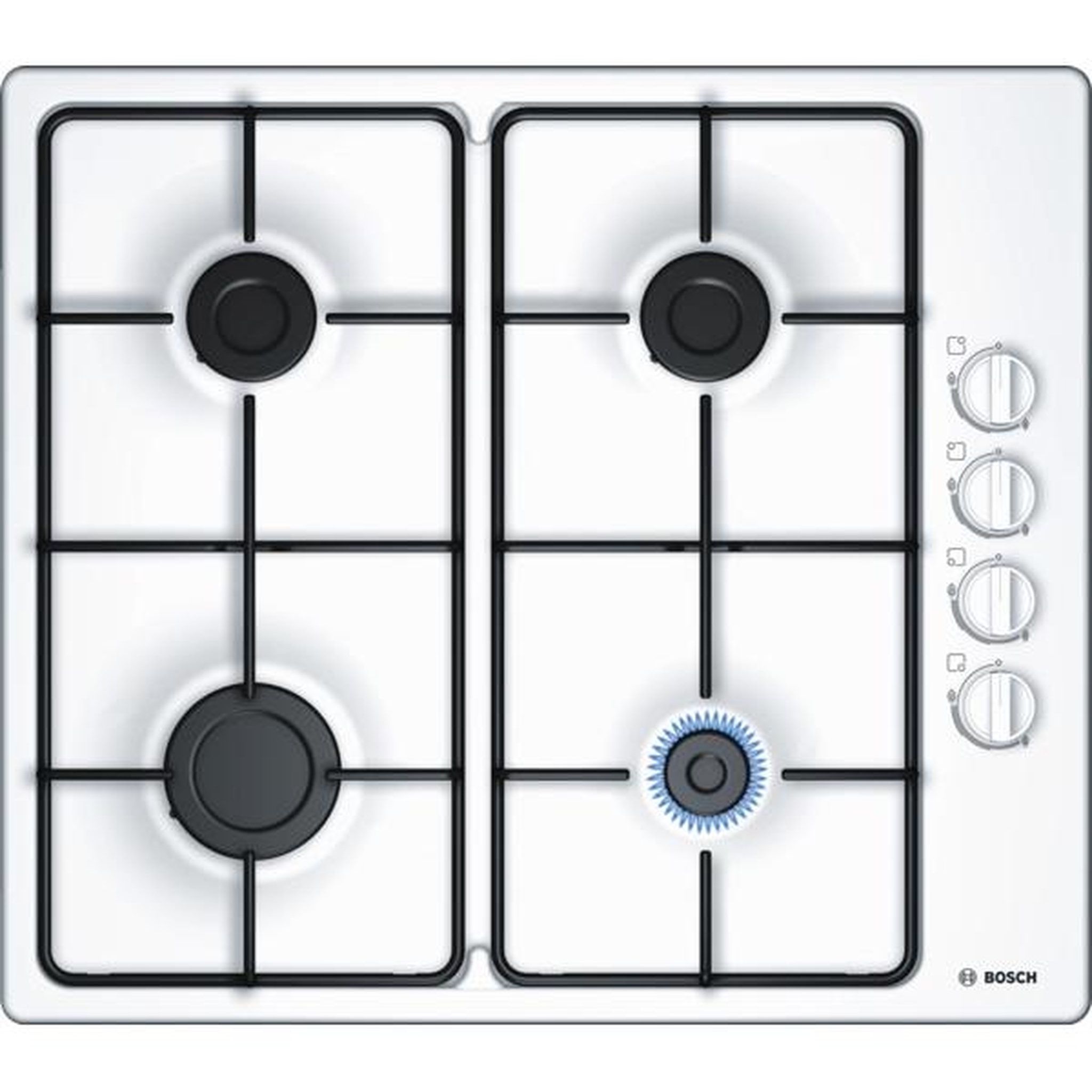 Voir la diapositive 1 : BOSCH Table de cuison gaz 60cm 4 feux blanc - pbp6b2b80