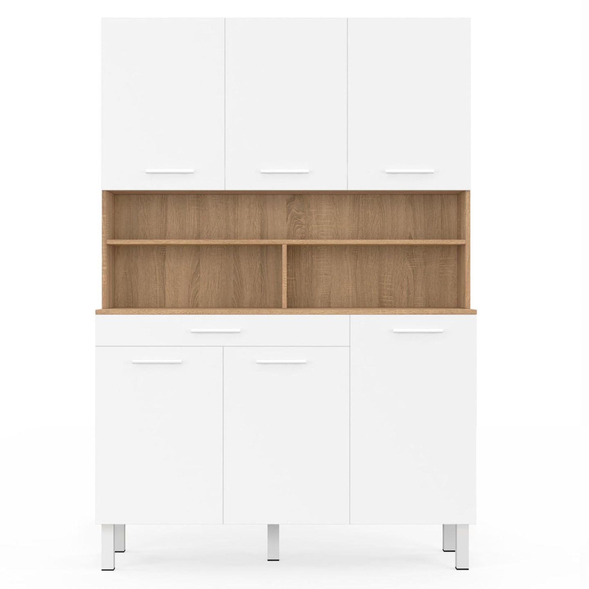 Voir la diapositive 3 : ID MARKET Buffet de cuisine 120 cm cina 6 portes + tiroir façon hêtre et blanc