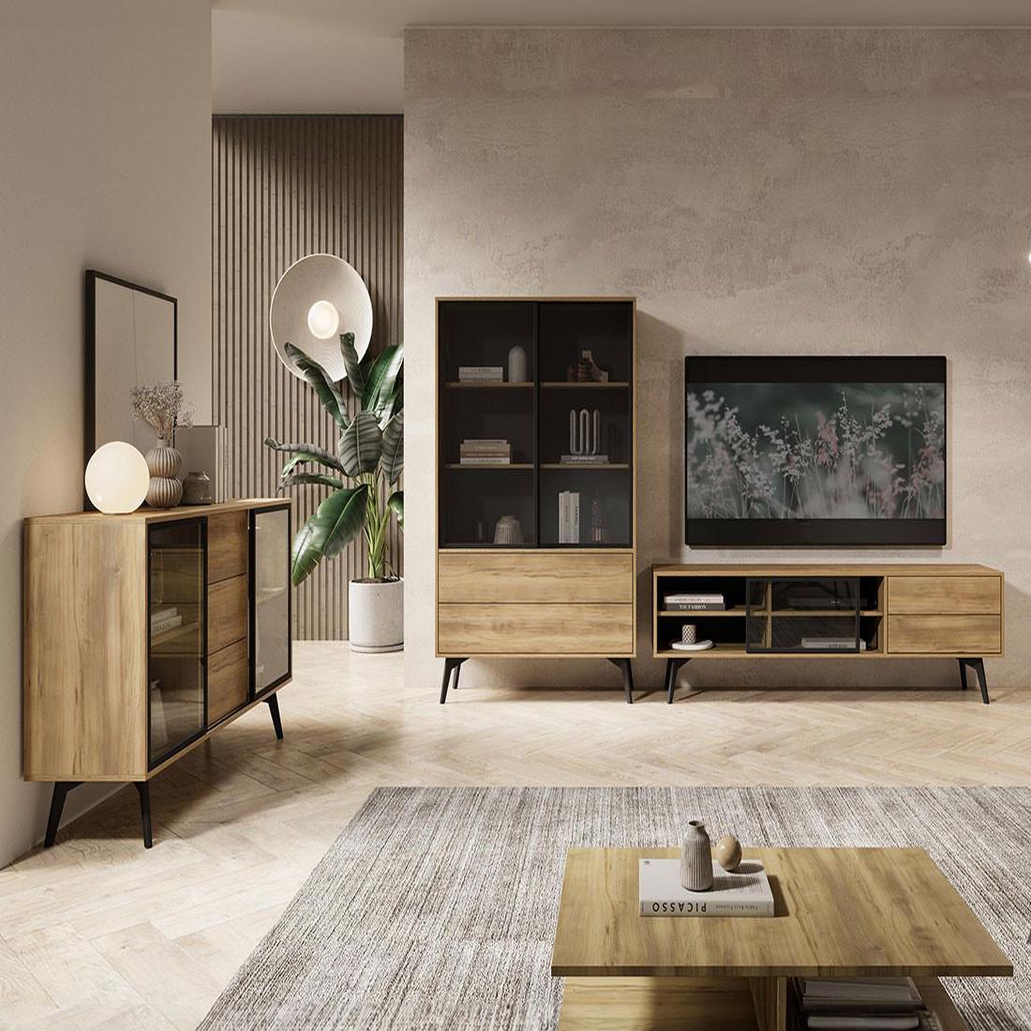 Voir la diapositive 5 : BEST MOBILIER Larry - vitrine - 2 portes et 2 tiroirs - effet bois et métal noir - 144 cm