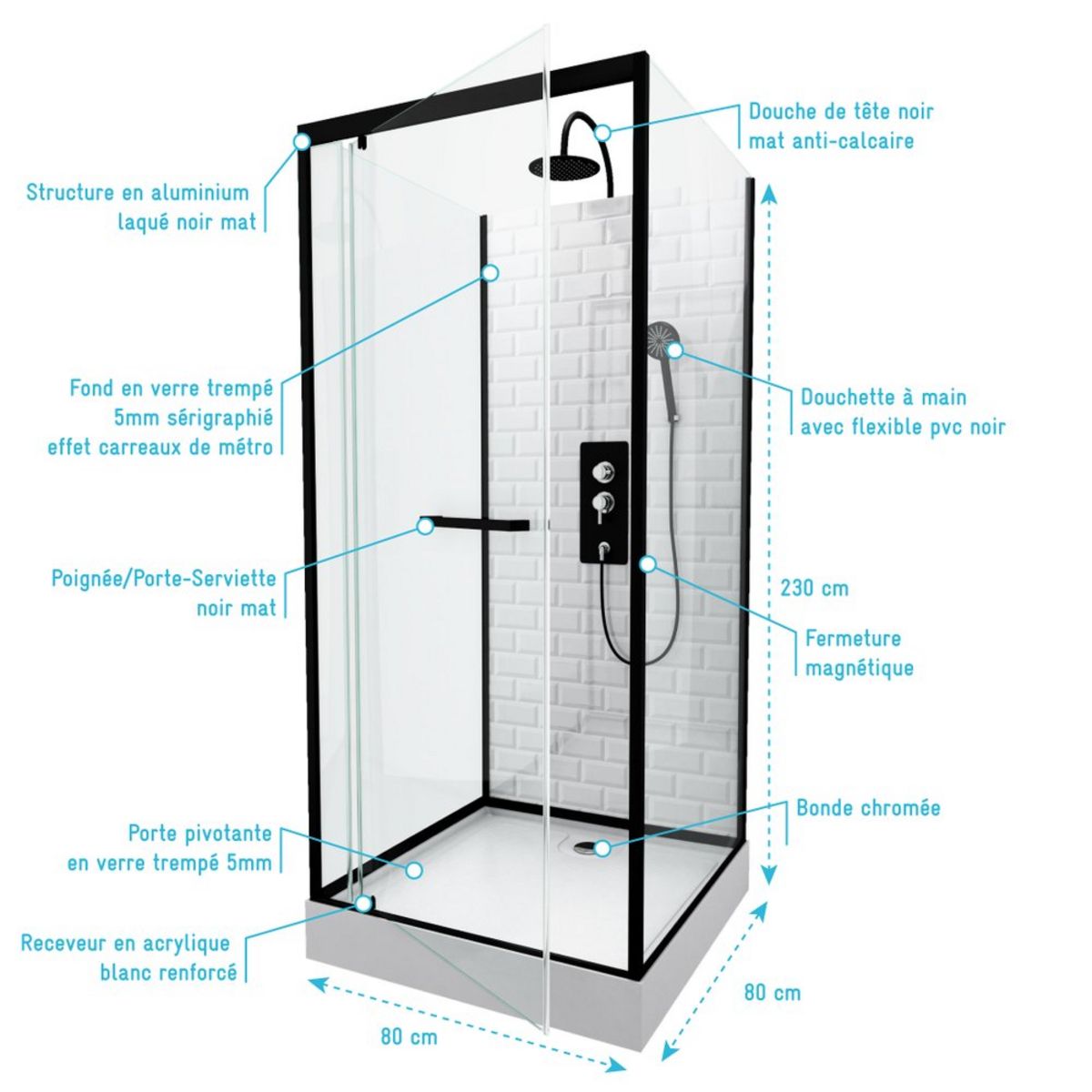 Aurlane Cabine de douche carré à motif carreaux de métro blanc 80x80 cm