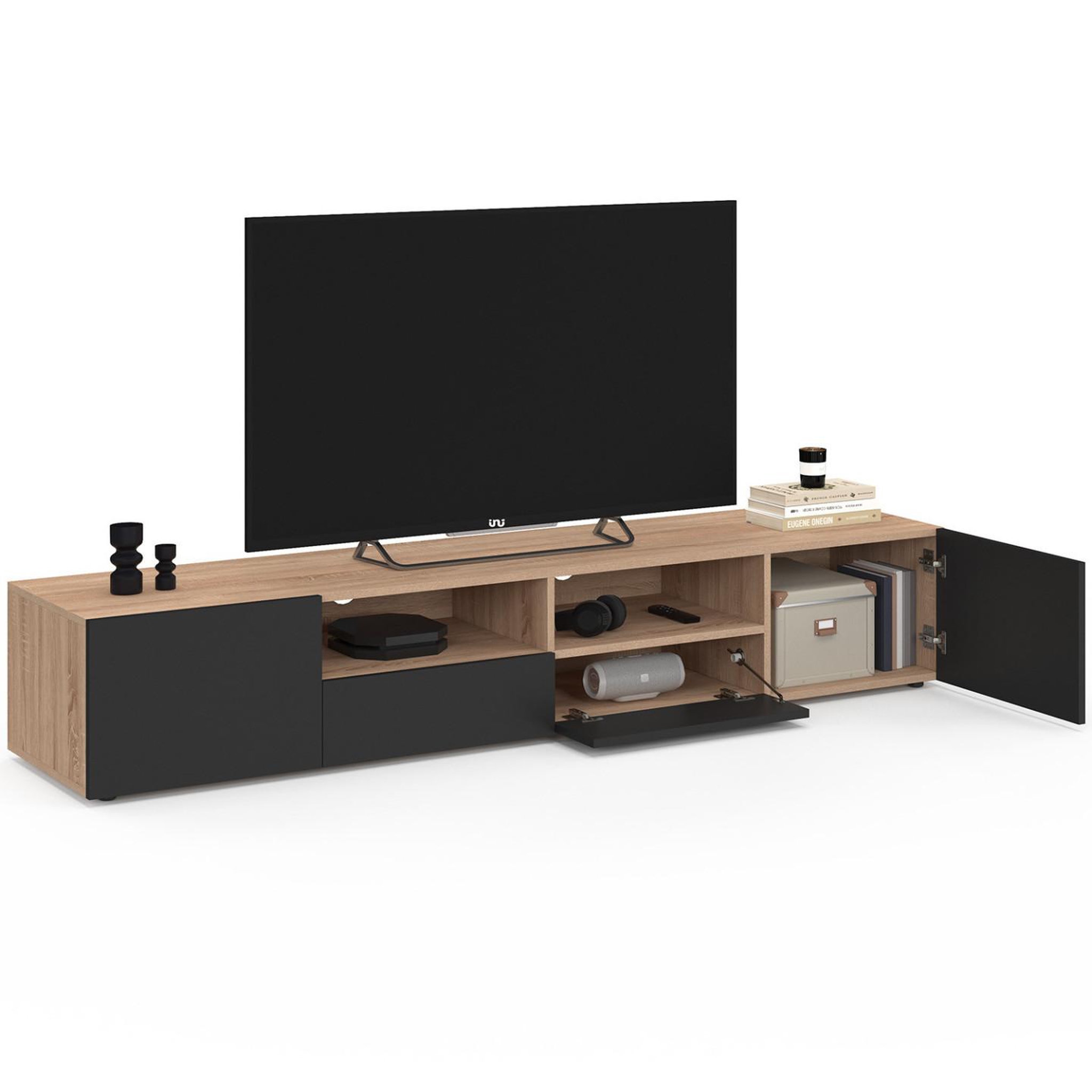 Voir la diapositive 4 : ID MARKET Meuble tv 180 cm eli bois façon hêtre portes noires