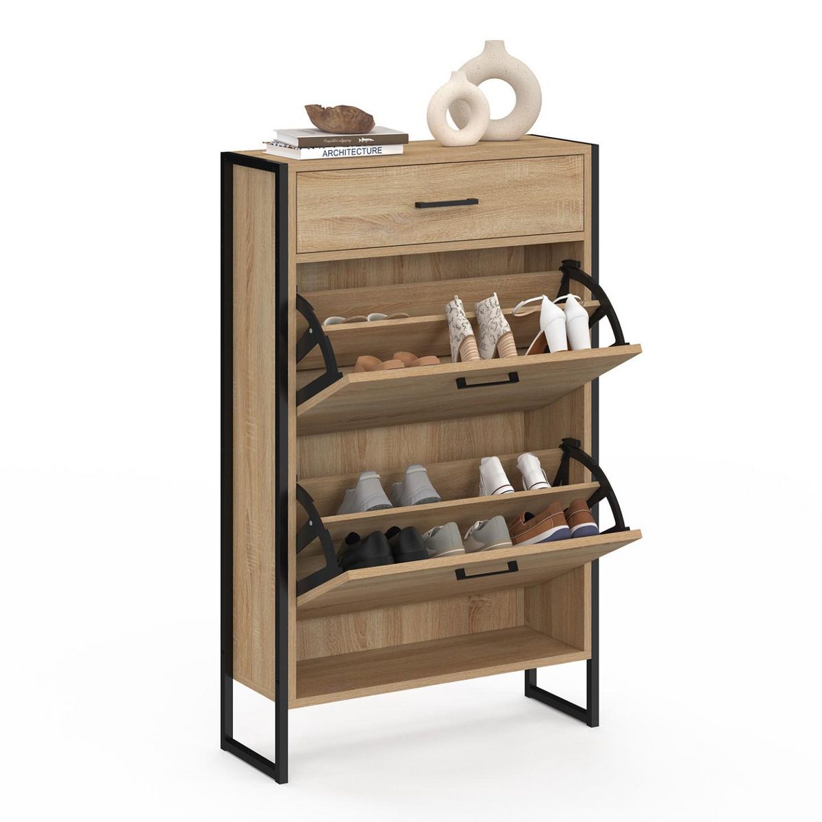 ID MARKET Meuble à chaussures 12 paires LUIS 2 portes avec tiroir design industriel