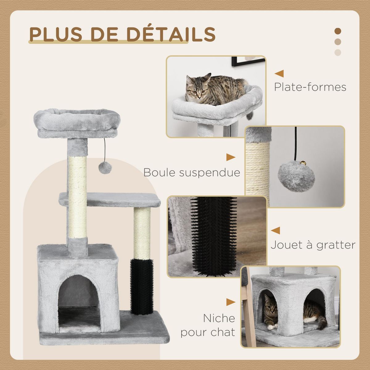 PAWHUT Arbre à chat griffoirs sisal naturel et massant grande niche plateforme panier jeu boule suspendue peluche gris