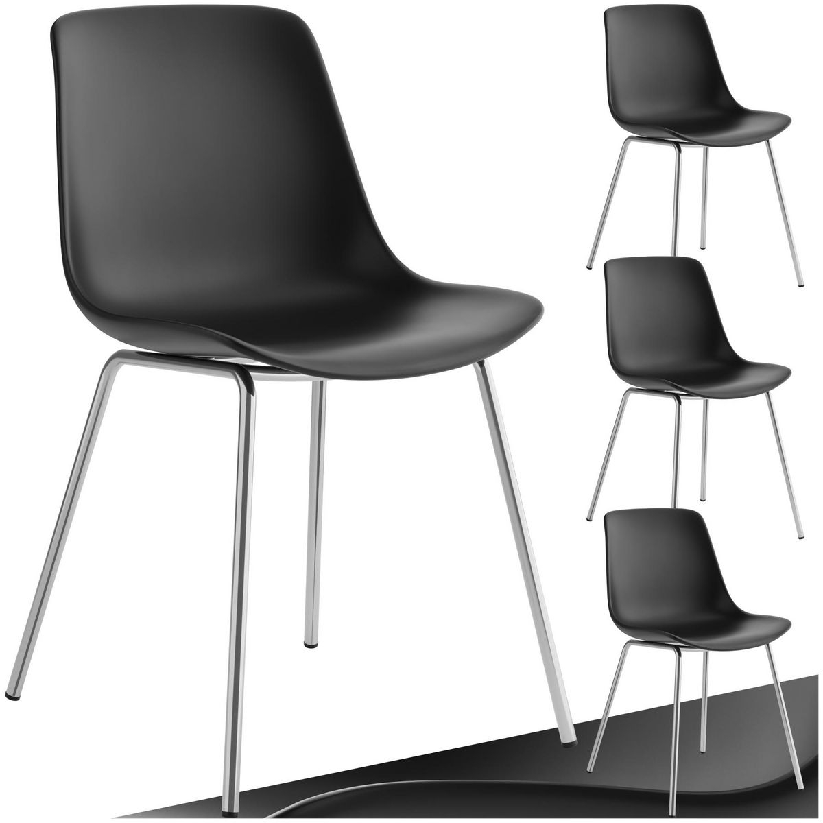 tectake Chaises en plastique grande coupe en plastique noir/gris chrome Lot de 4