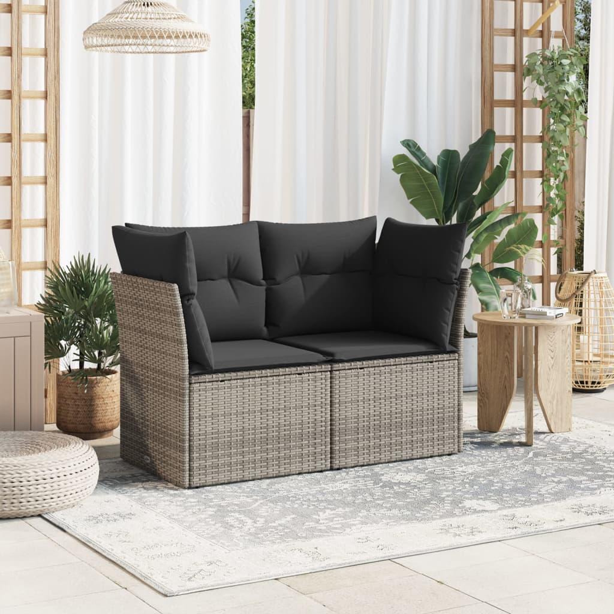 Voir la diapositive 3 : VIDAXL Canape de jardin 2 places avec coussins gris resine tressee