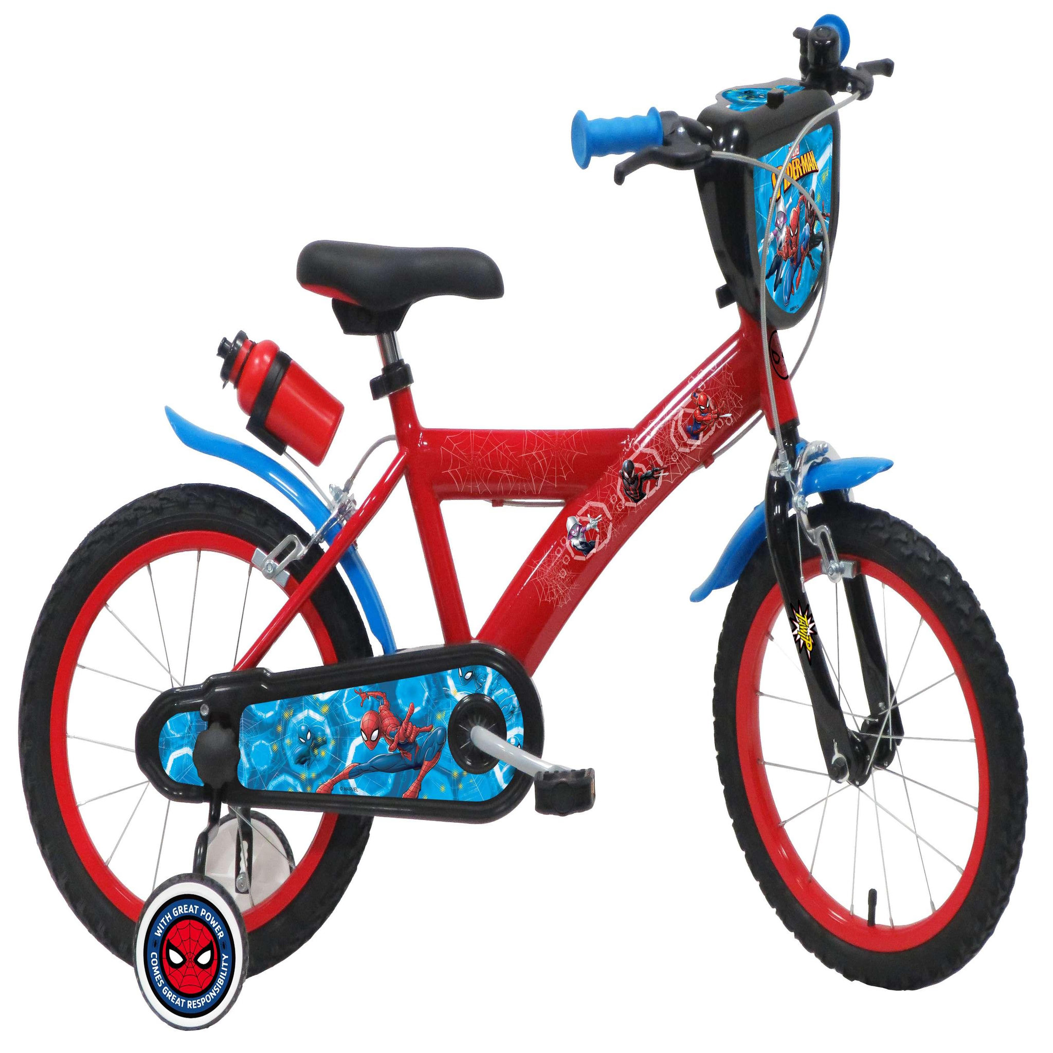 Voir la diapositive 1 : Marvel Vélo enfant 16''  - Modèle Spiderman pour enfant de 105 à 120 cm avec stabilisateurs - Plaque décorative avant - Bidon arrière - 2 freins et Pneus gonflables