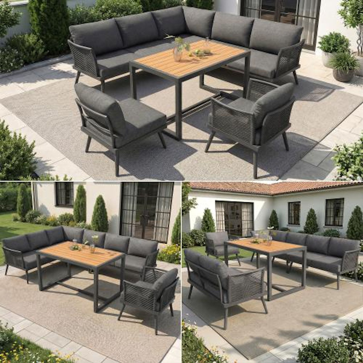 MERAX Salon de jardin repas 7 places en métal avec table, canapé d'angle et fauteuils