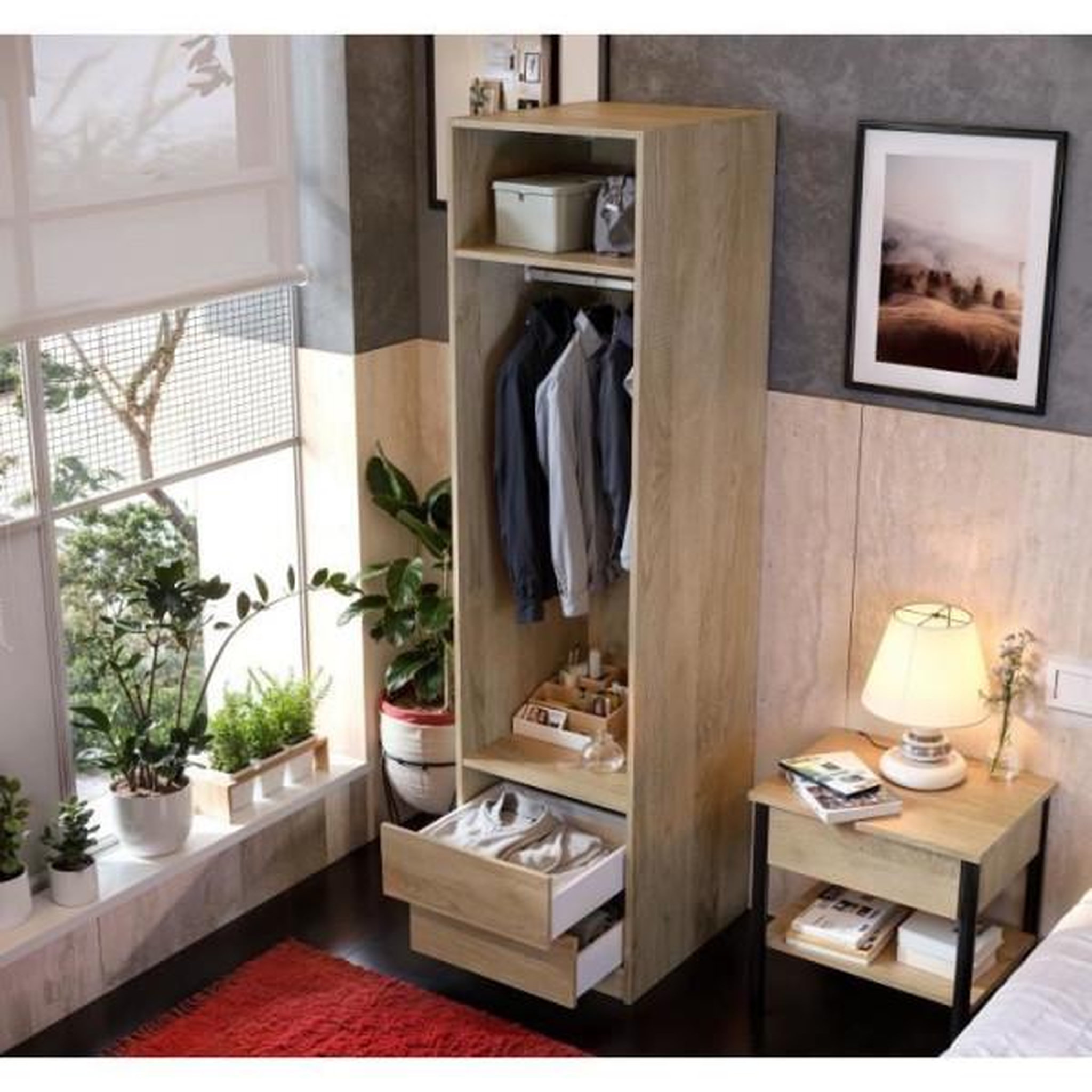 Voir la diapositive 3 : MARKET24 Dressing - Décor Chene - 2 tiroirs - 2 étageres - 1 tringle - L50 x P57 x H200 cm