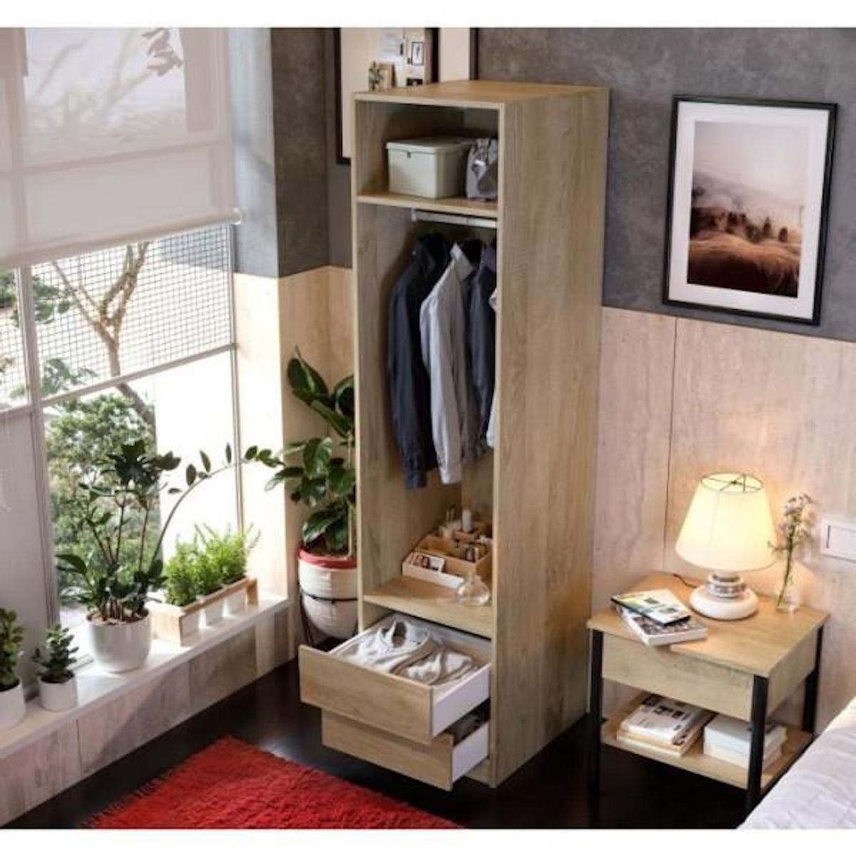 MARKET24 Dressing - Décor Chene - 2 tiroirs - 2 étageres - 1 tringle - L50 x P57 x H200 cm