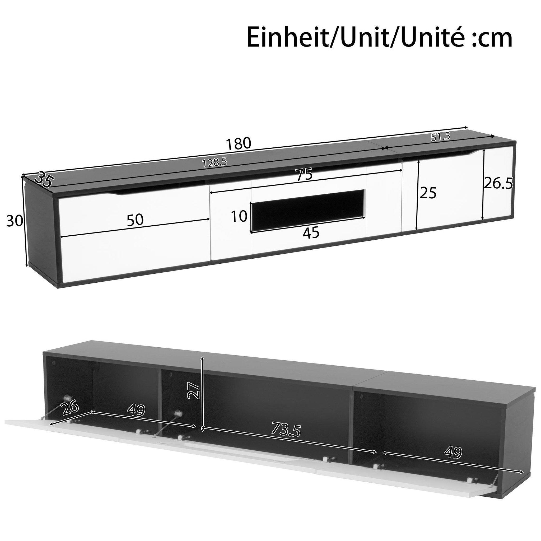 Voir la diapositive 3 : MERAX Meuble tv suspendu noir+blanc 180 cm led mdf