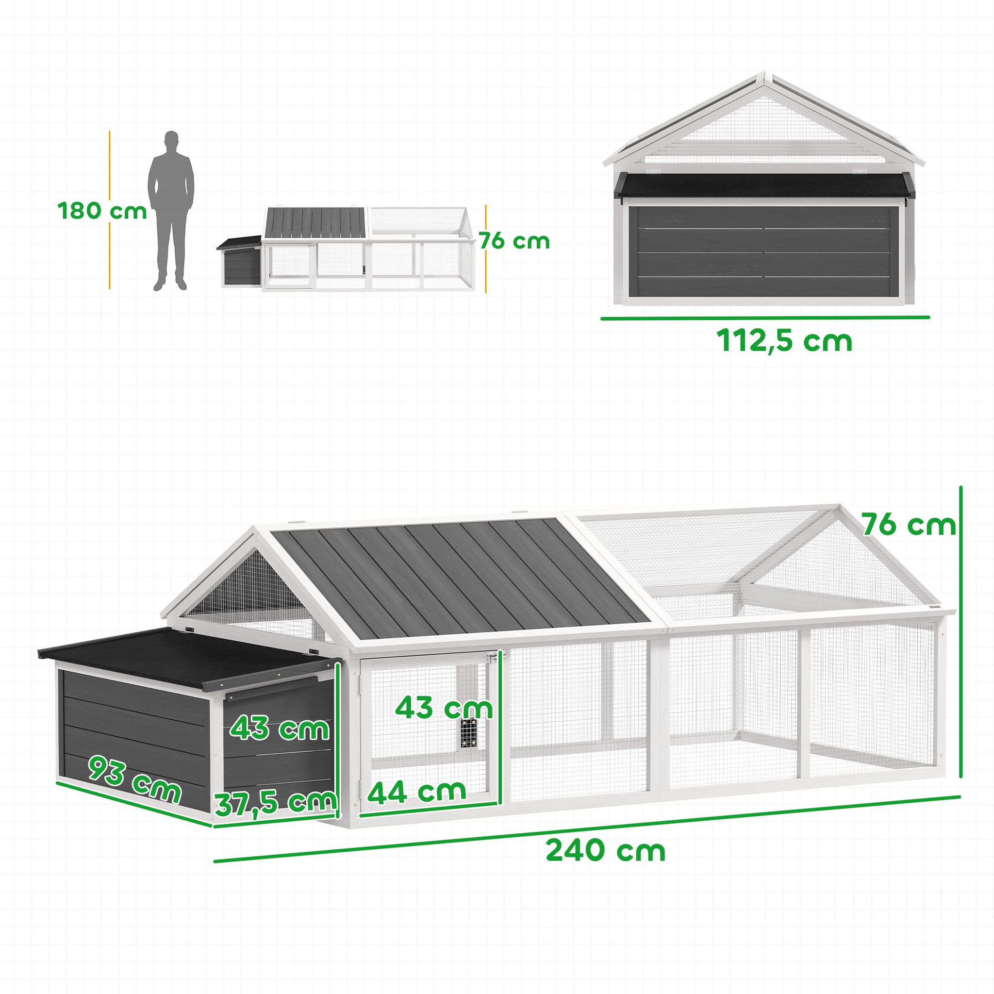 Voir la diapositive 3 : PAWHUT Poulailler espace couvert pondoir 2 zones - porte, toit ouvrant - 2,4 x 1,12 x 0,76 m - bois gris blanc