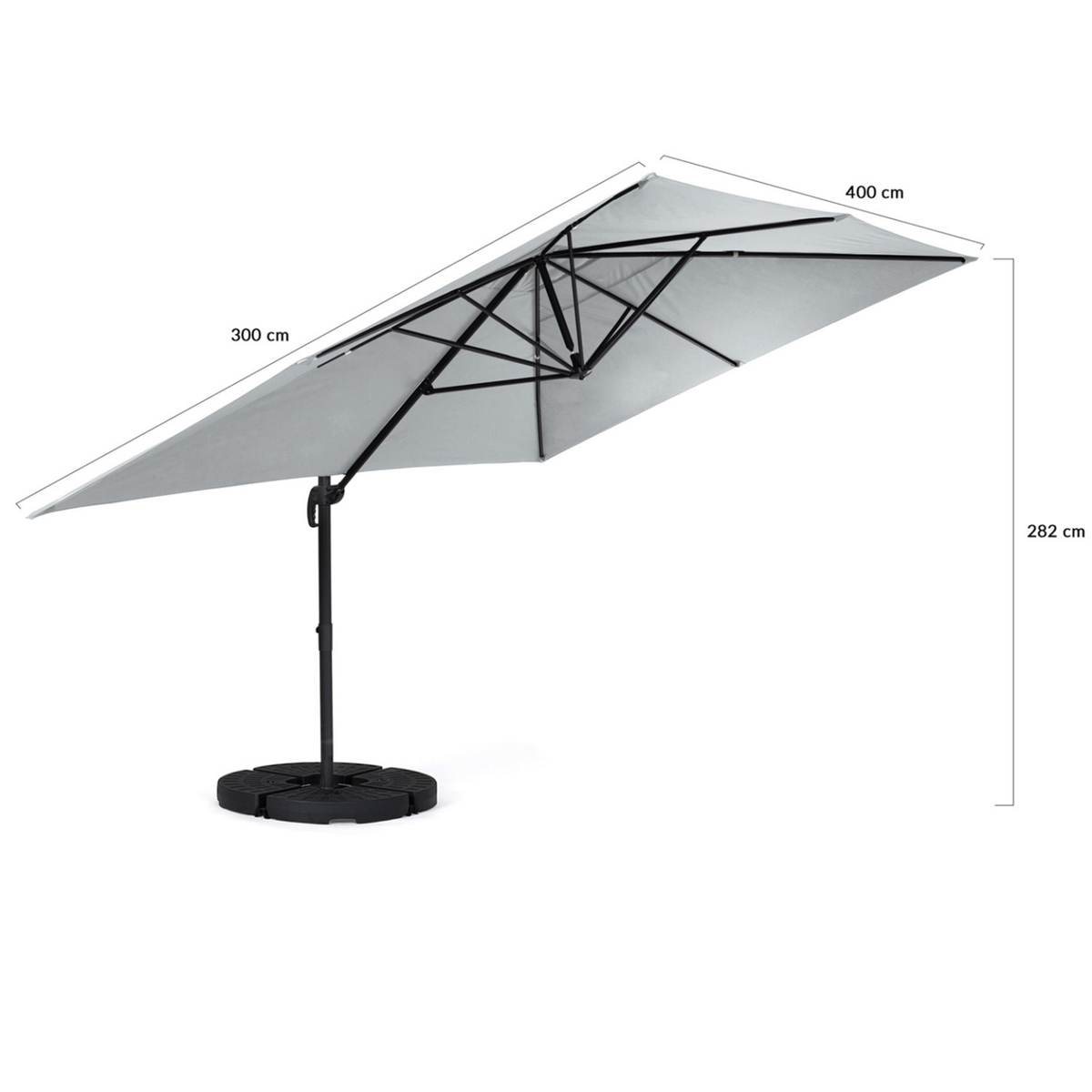 ID MARKET Parasol déporté inclinable rotatif 360 CALVI gris clair 3x4 M avec 4 dalles et housse