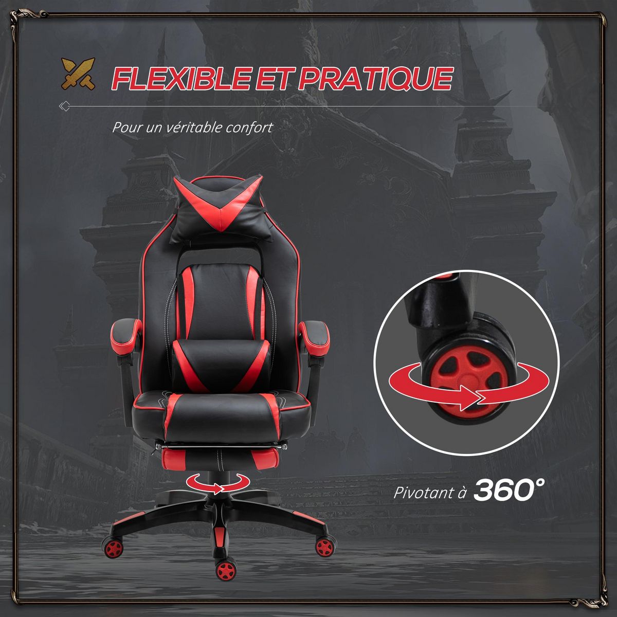 HOMCOM HOMCOM Fauteuil de bureau manager grand confort style baquet racing gamer pivotant inclinable avec coussins et repose-pieds revêtement synthétique noir rouge