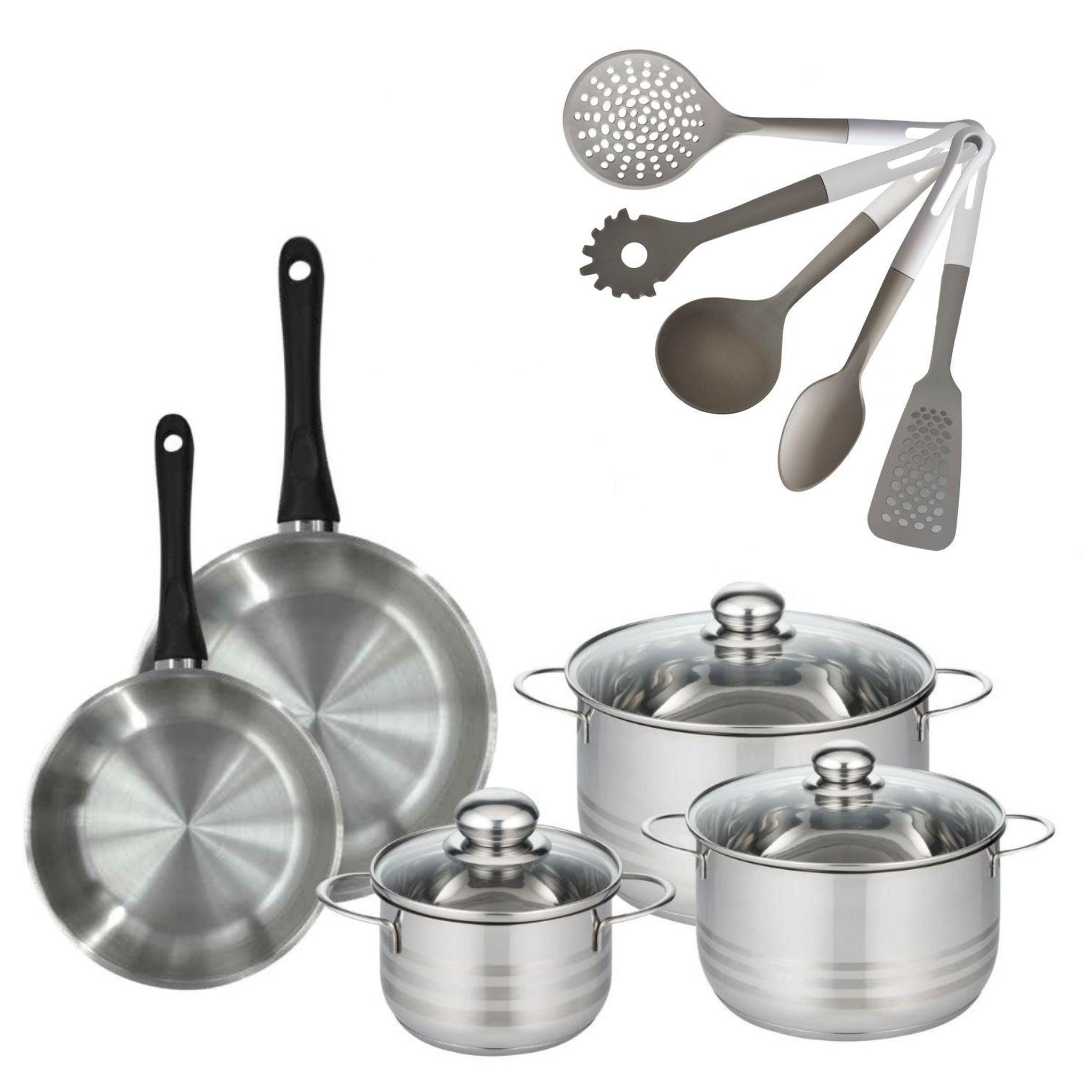 Fackelmann Batterie de cuisine avec 3 faitouts 16/20/24 cm et 2 poêles 20/24 cm avec 5 ustensiles de cuisine fackelmann généva brillant vario
