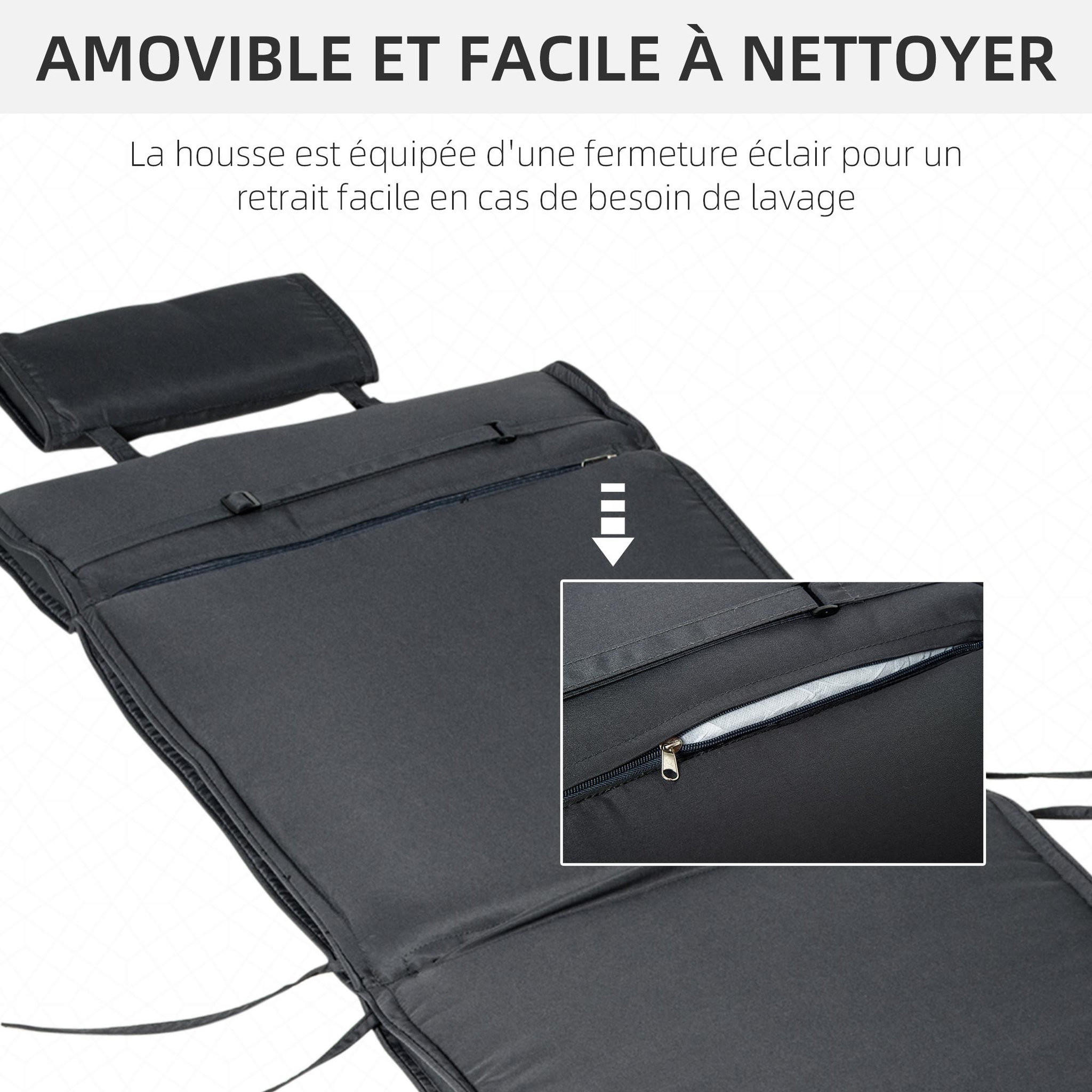 Voir la diapositive 6 : OUTSUNNY Matelas bain de soleil déhoussable - coussin de transat - matelas de chaise longue - 198 x 53 x 5 cm - tissu gris