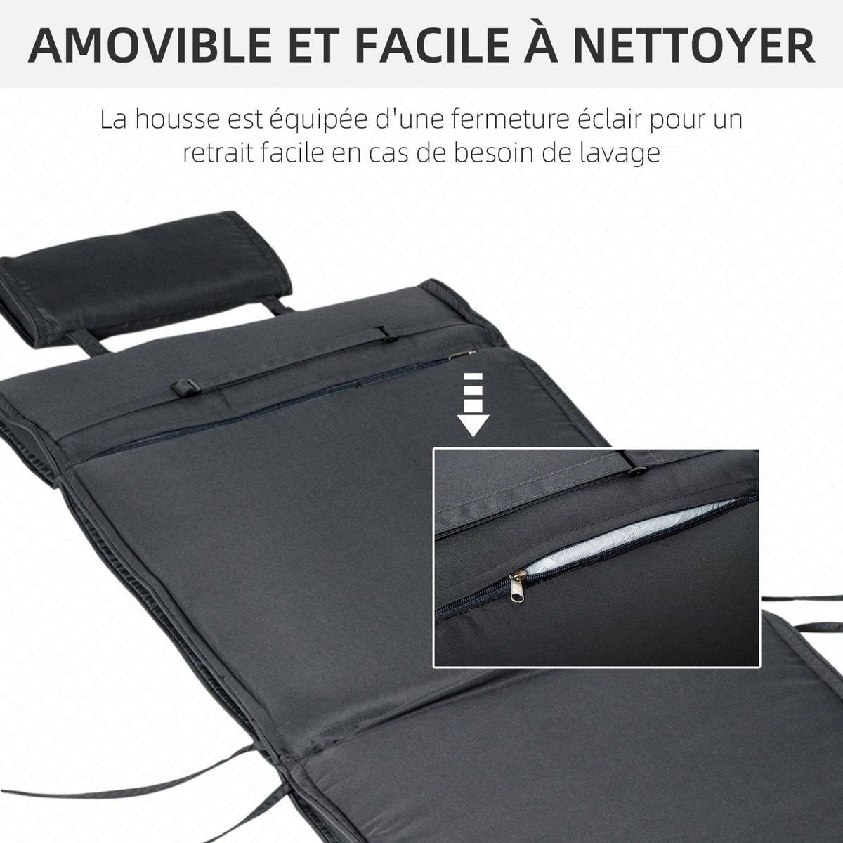 OUTSUNNY Matelas bain de soleil déhoussable - coussin de transat - matelas de chaise longue - 198 x 53 x 5 cm - tissu gris