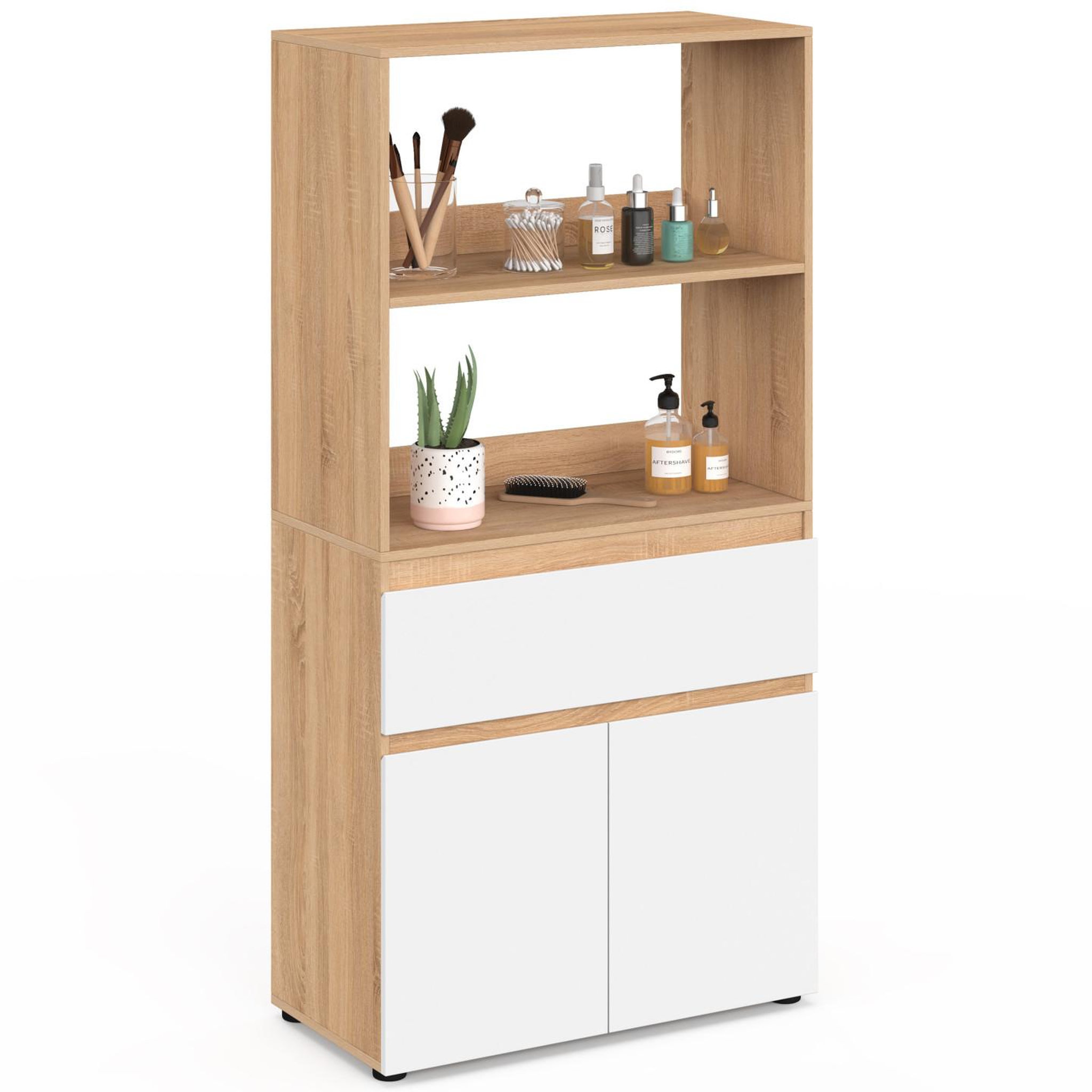 ID MARKET Meuble armoire salle de bain TOMI 2 portes et 1 tiroir avec étagères façon hêtre et blanc