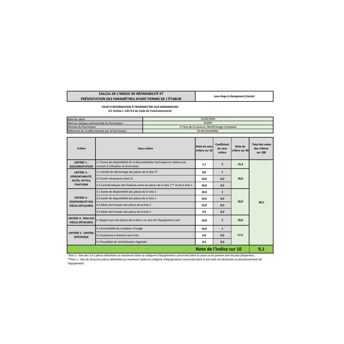 Sharp Lave-linge frontal 9kg 1400 tours/min - ESNFL914AWNA