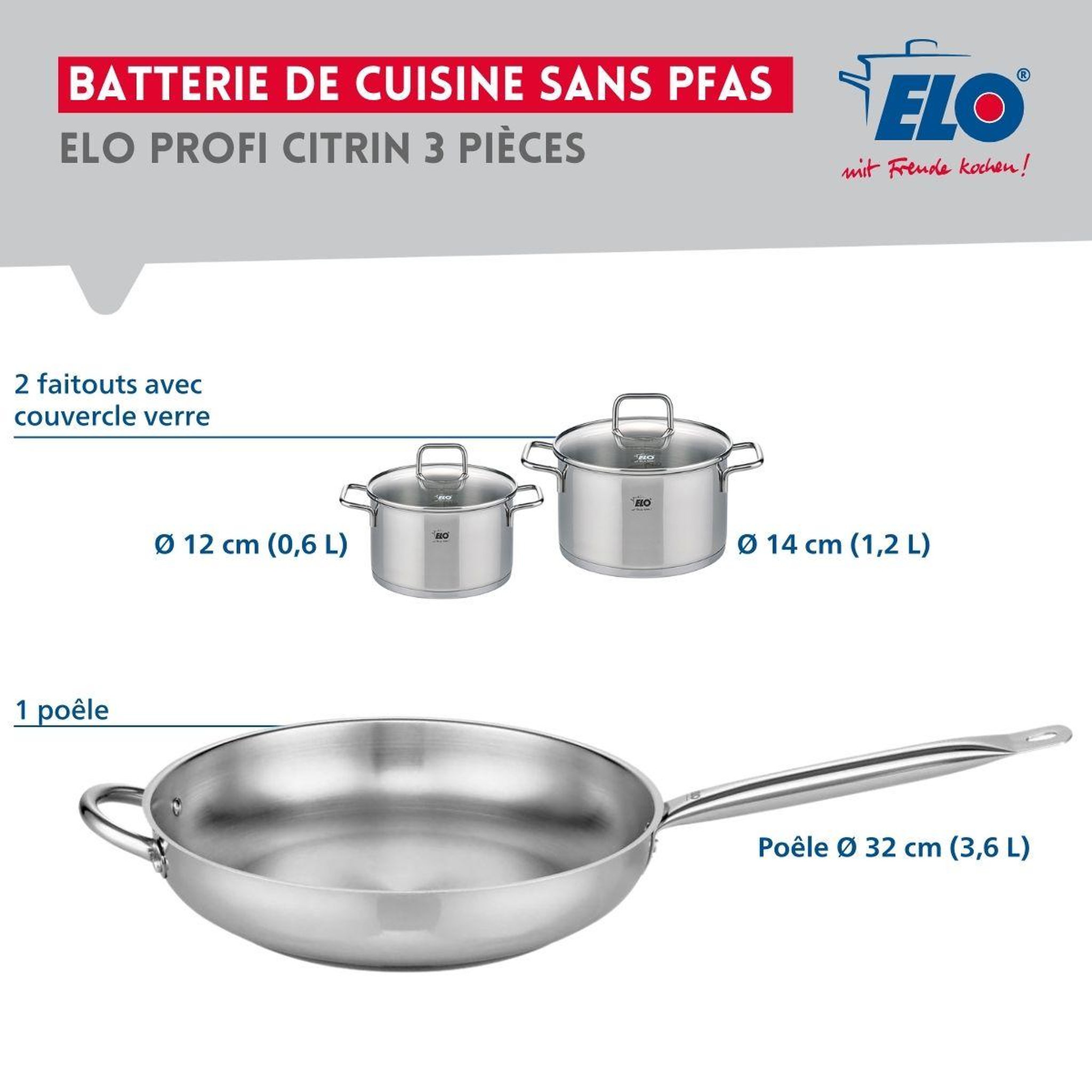 Voir la diapositive 2 : ELO Ensemble de 1 poêle de cuisson 32 cm et 2 faitouts 12 et 14 cm elo profi citrin