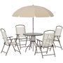 Voir la diapositive 1 : OUTSUNNY Ensemble salon de jardin 6 pcs - table ronde + 4 chaises pliables + parasol - acier époxy café textilène polyester beige