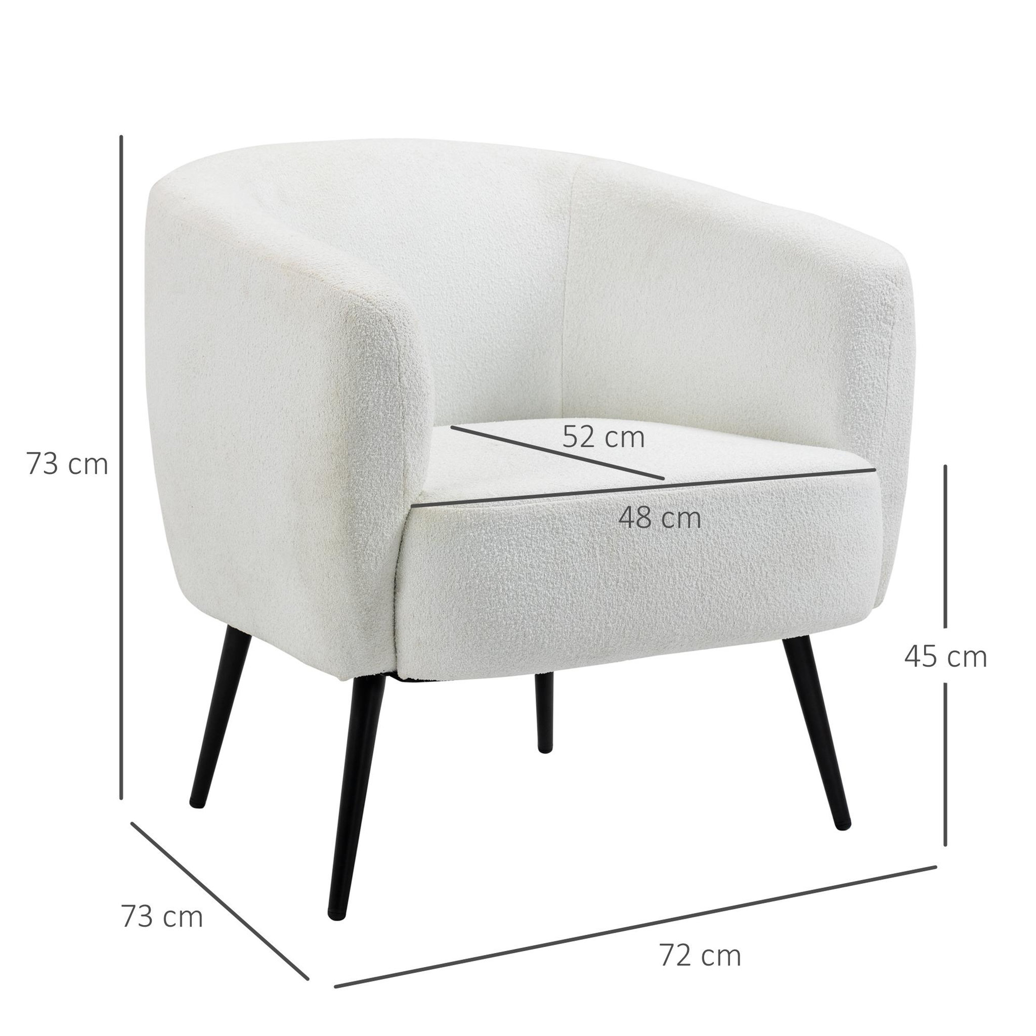 Voir la diapositive 3 : HOMCOM Fauteuil lounge design - piètement effilé incliné métal noir - revêtement effet laine bouclée blanc cassé