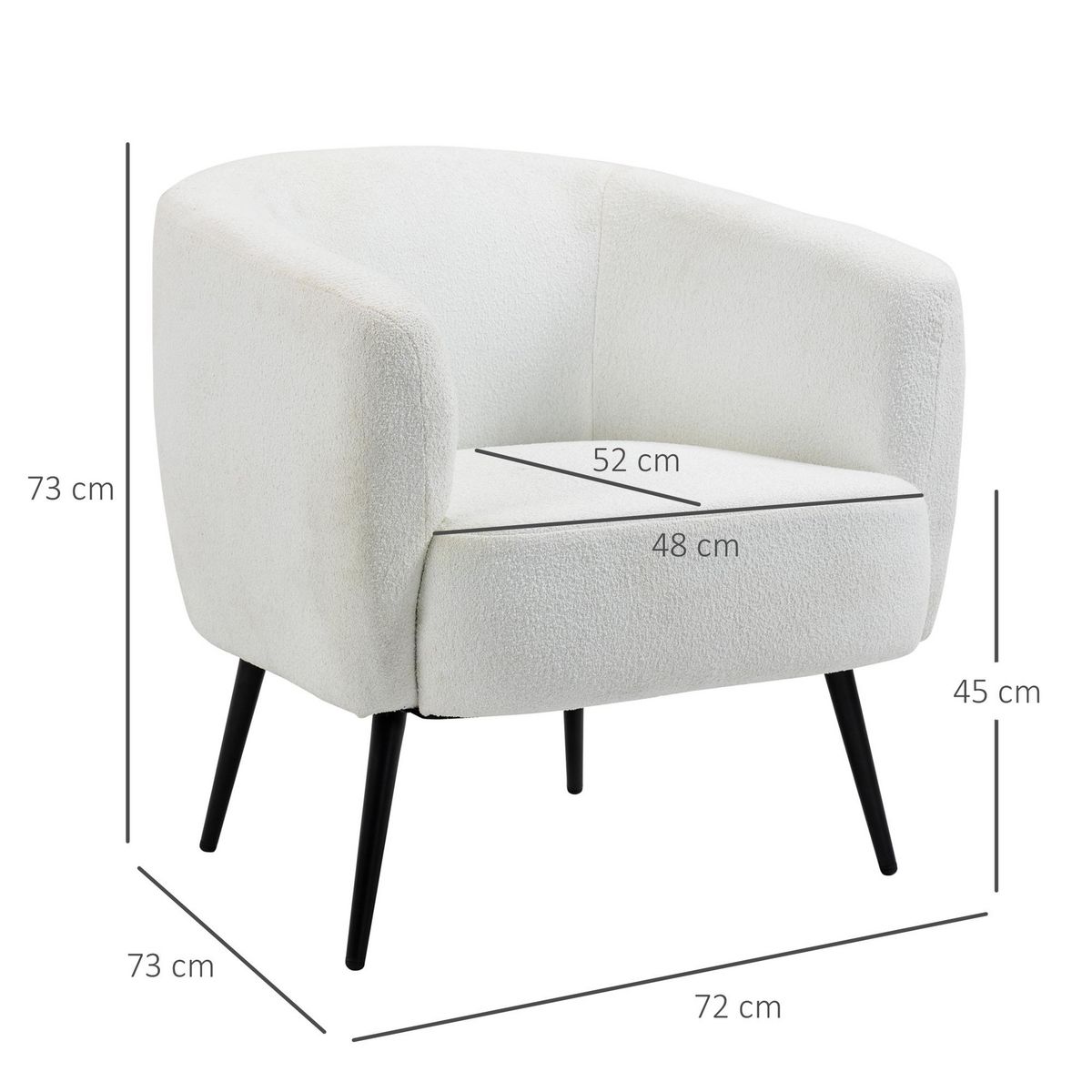HOMCOM Fauteuil lounge design - piètement effilé incliné métal noir - revêtement effet laine bouclée blanc cassé