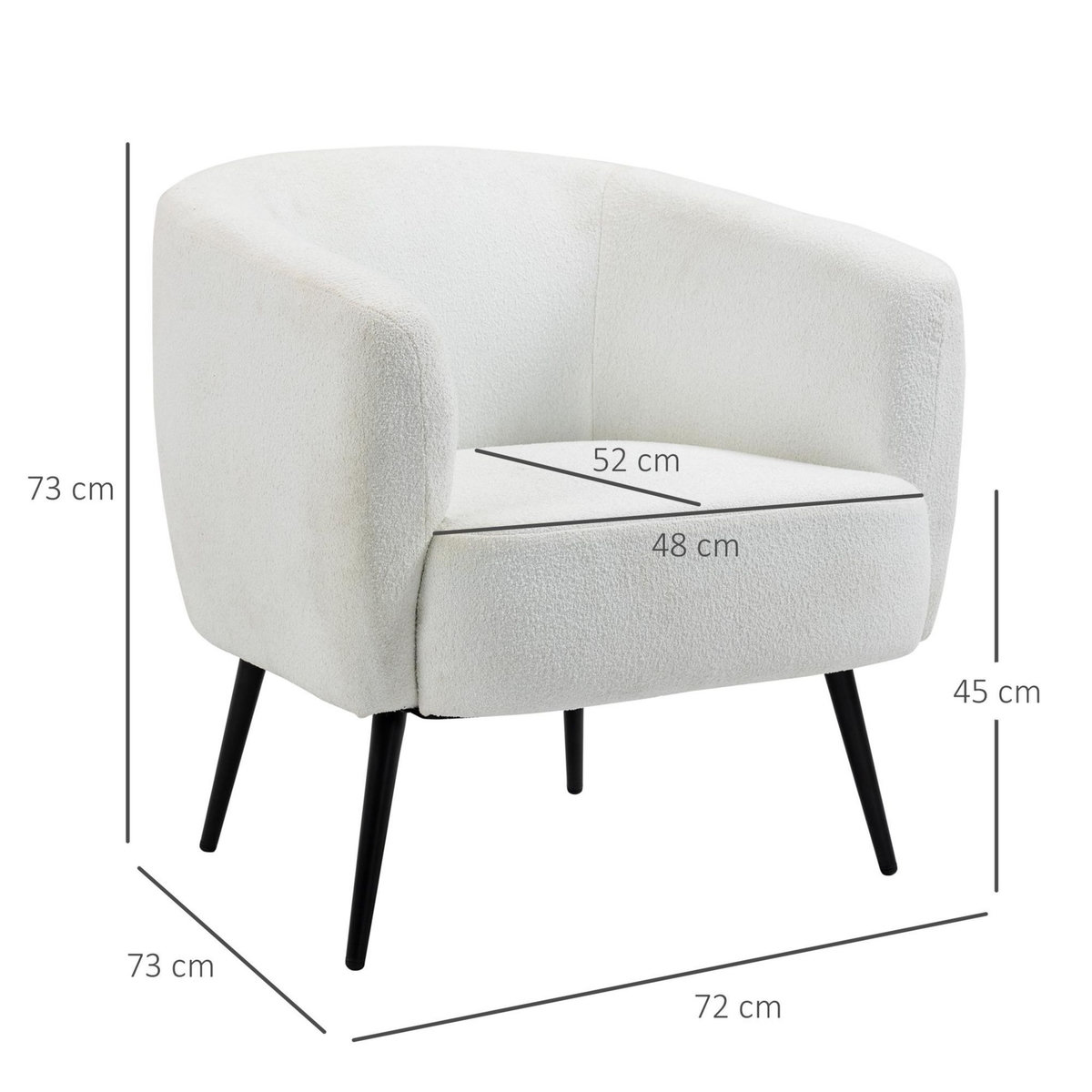 HOMCOM Fauteuil lounge design - piètement effilé incliné métal noir - revêtement effet laine bouclée blanc cassé