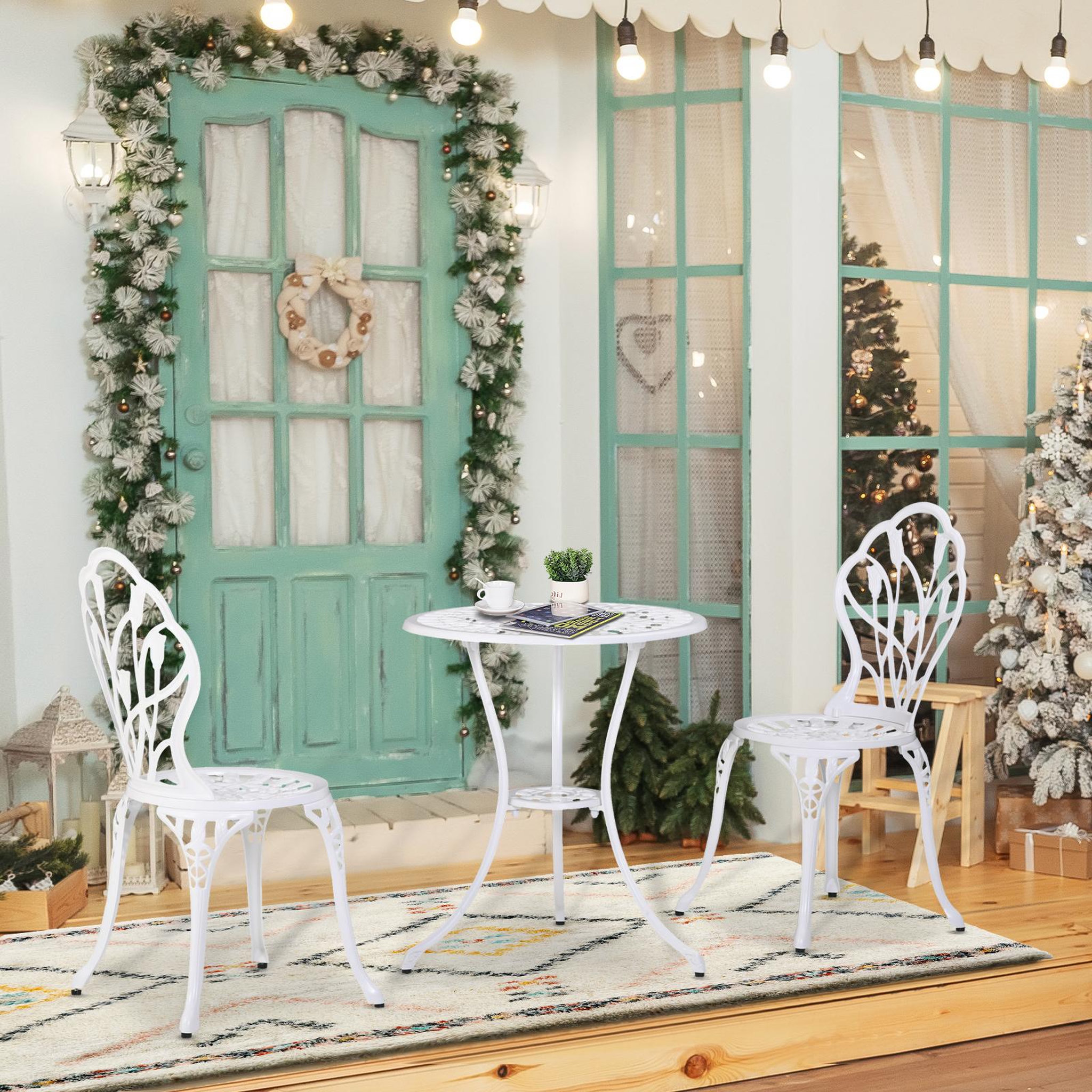 Voir la diapositive 2 : OUTSUNNY Ensemble salon de jardin 2 places 2 chaises + table ronde fonte d'aluminium imitation fer forgé blanc