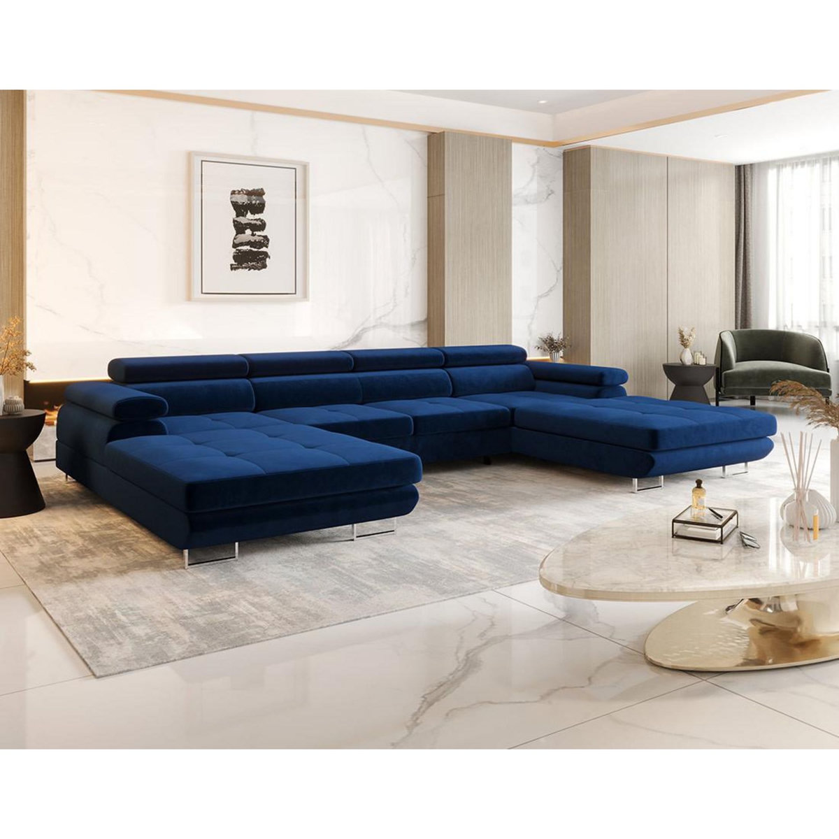 BEST MOBILIER Ayden - canapé panoramique en u 7 places convertible avec coffre et têtières réglables en tissu