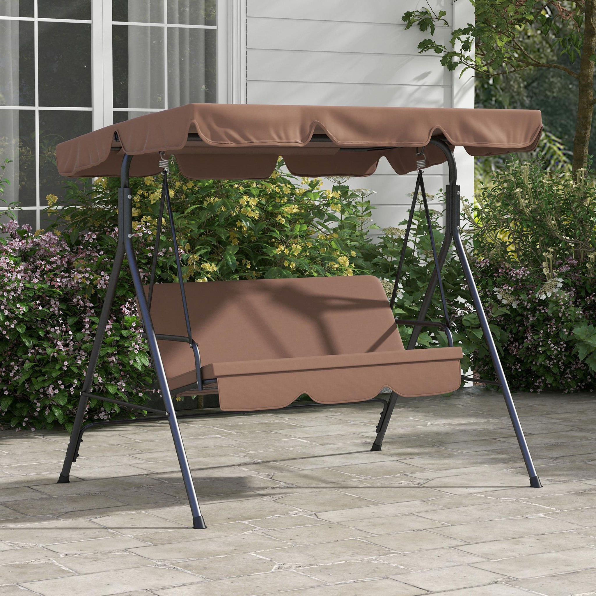 Voir la diapositive 2 : OUTSUNNY Balancelle de jardin 3 places toit réglable coussins assise dossier acier polyester marron