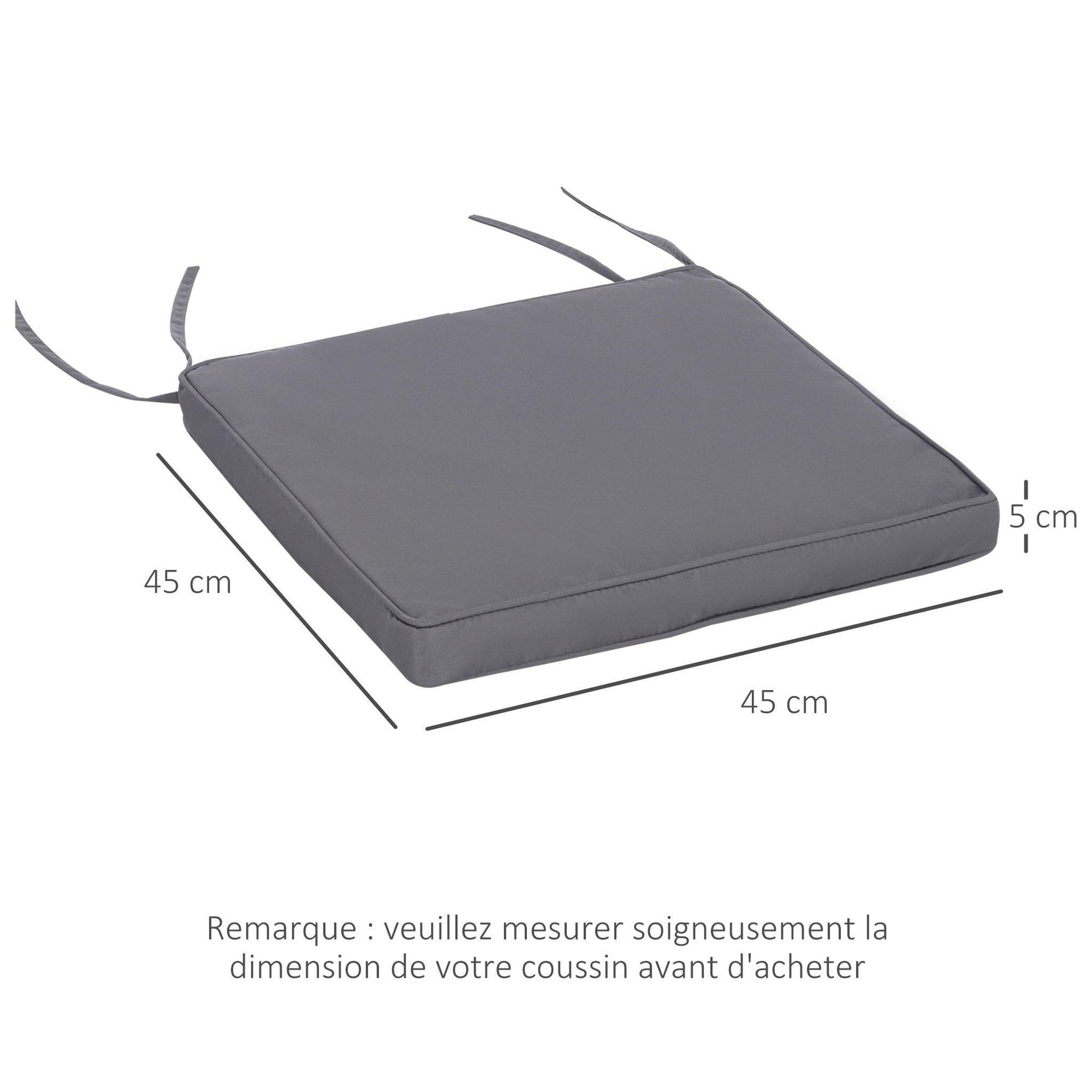 Voir la diapositive 3 : OUTSUNNY Lot de 2 coussins d'assise carrés chaises fauteuils tabourets - coussins déhoussables zippés avec cordons d'attache - dim. 45L x 45l cm ép. 5 cm - polyester gris