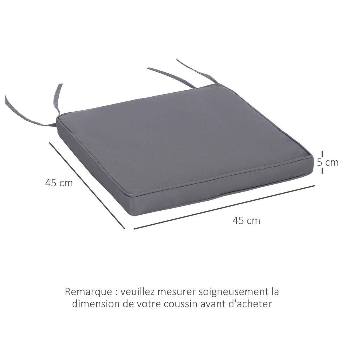OUTSUNNY Lot de 2 coussins d'assise carrés chaises fauteuils tabourets - coussins déhoussables zippés avec cordons d'attache - dim. 45L x 45l cm ép. 5 cm - polyester gris