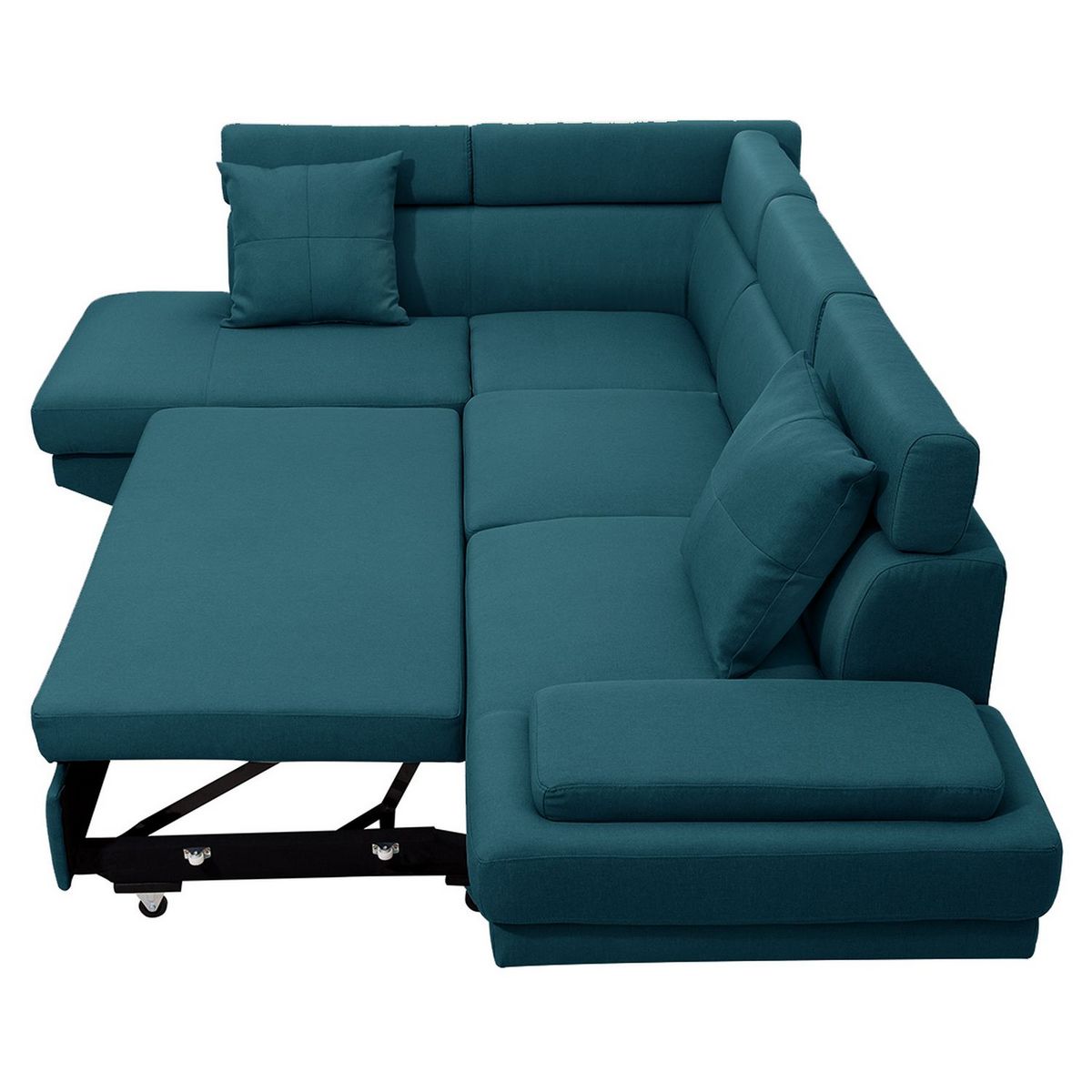 Canapé d'angle gauche convertible 5 places tissu pieds bois clair MARIUS 