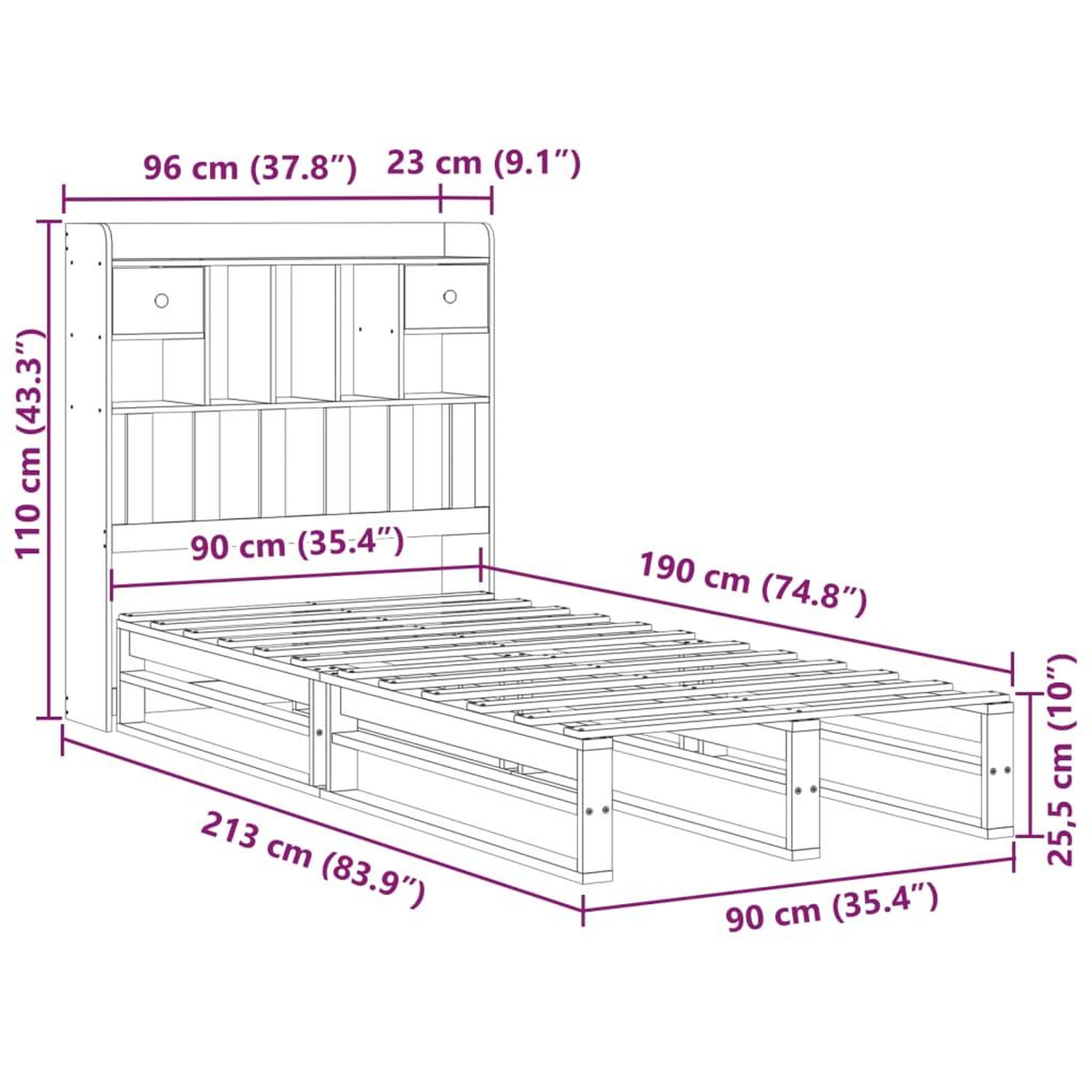 Voir la diapositive 6 : VIDAXL Lit bibliotheque sans matelas 90x190 cm bois de pin massif