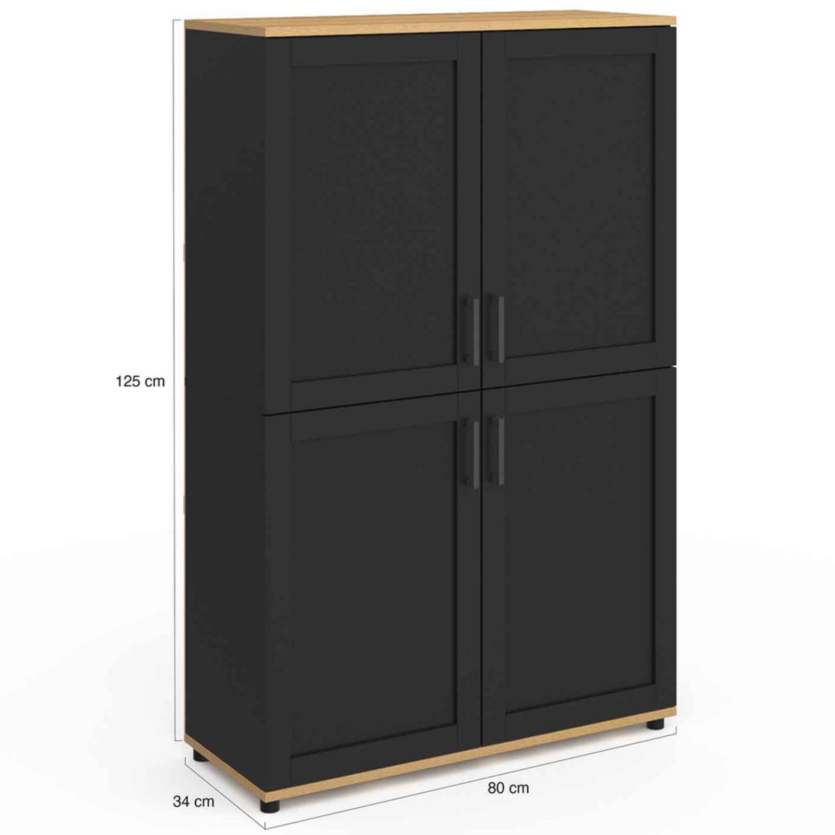 ID MARKET Buffet haut H. 125 cm VITO 4 portes noir et bois