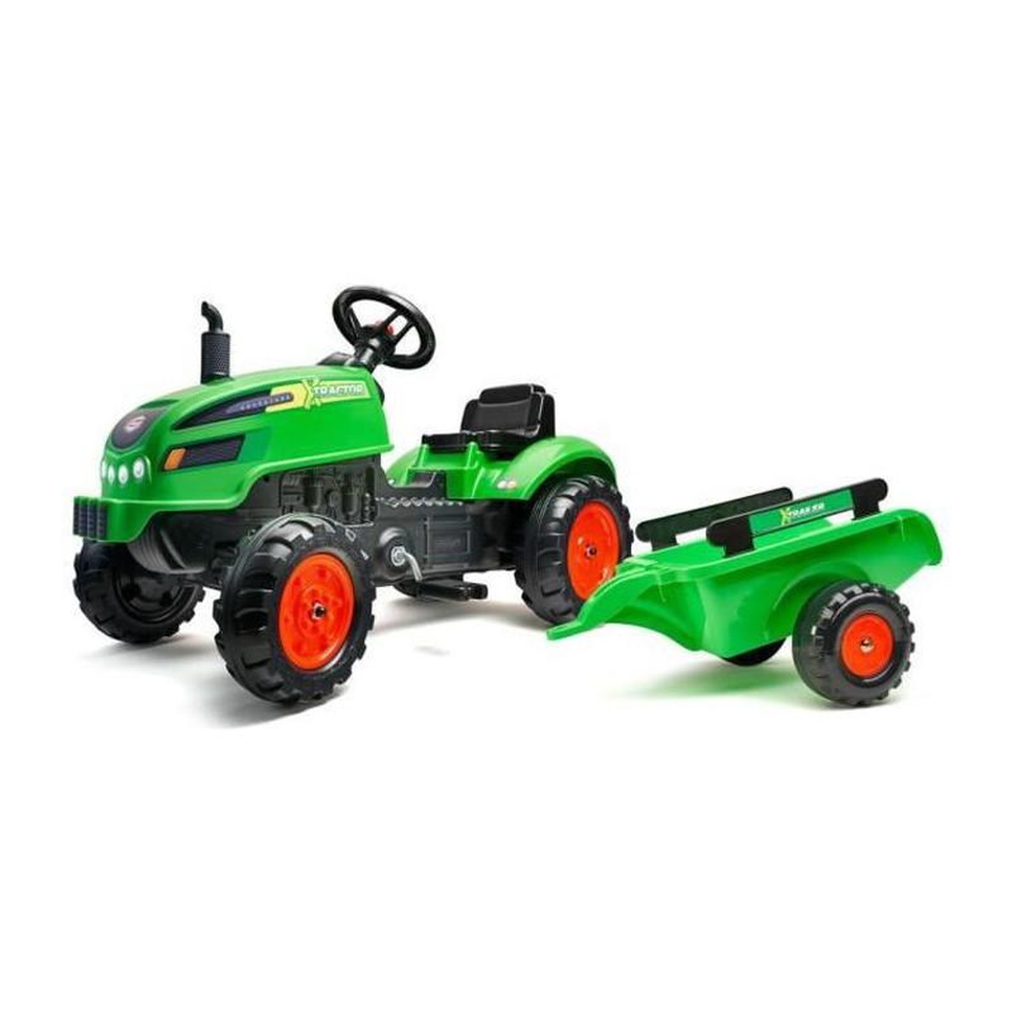 FALK FALK - Tracteur a pedales X Tractor vert avec capot ouvrant et remorque inclus
