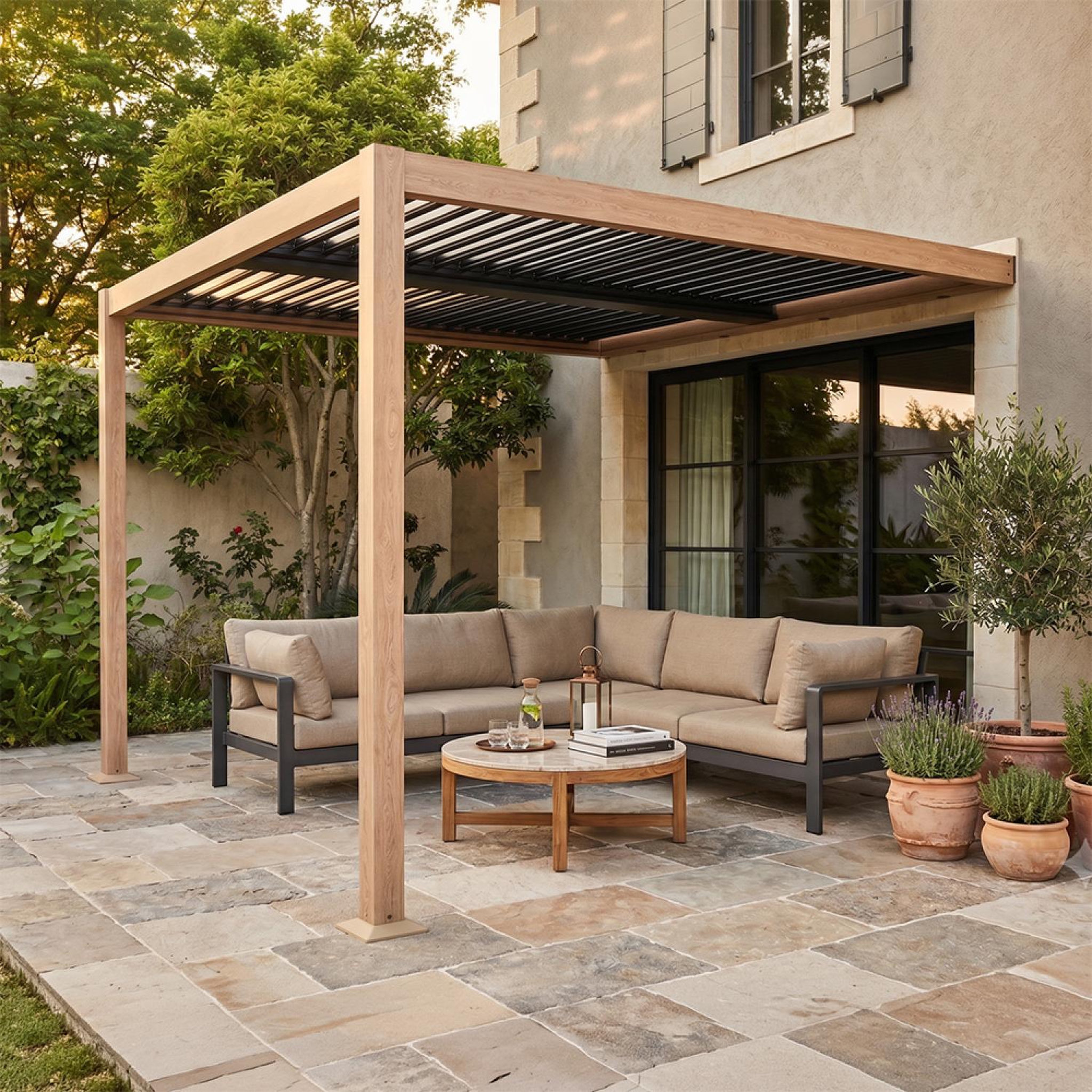 Voir la diapositive 2 : CONCEPT USINE Pergola bioclimatique 3x3m adossée effet bois sifnos