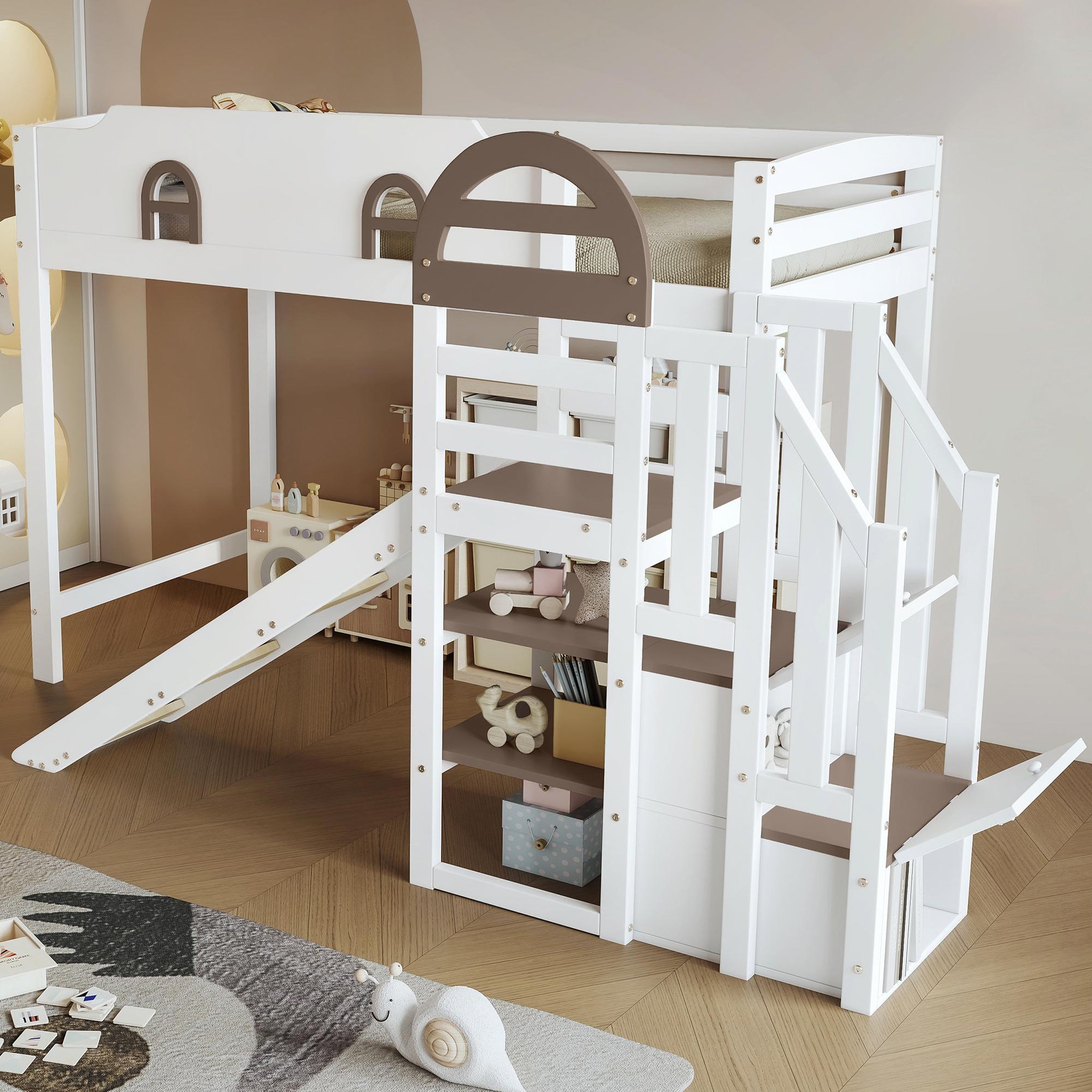Voir la diapositive 5 : MERAX Lit combiné enfant 90x200cm coloris blanc pin et mdf