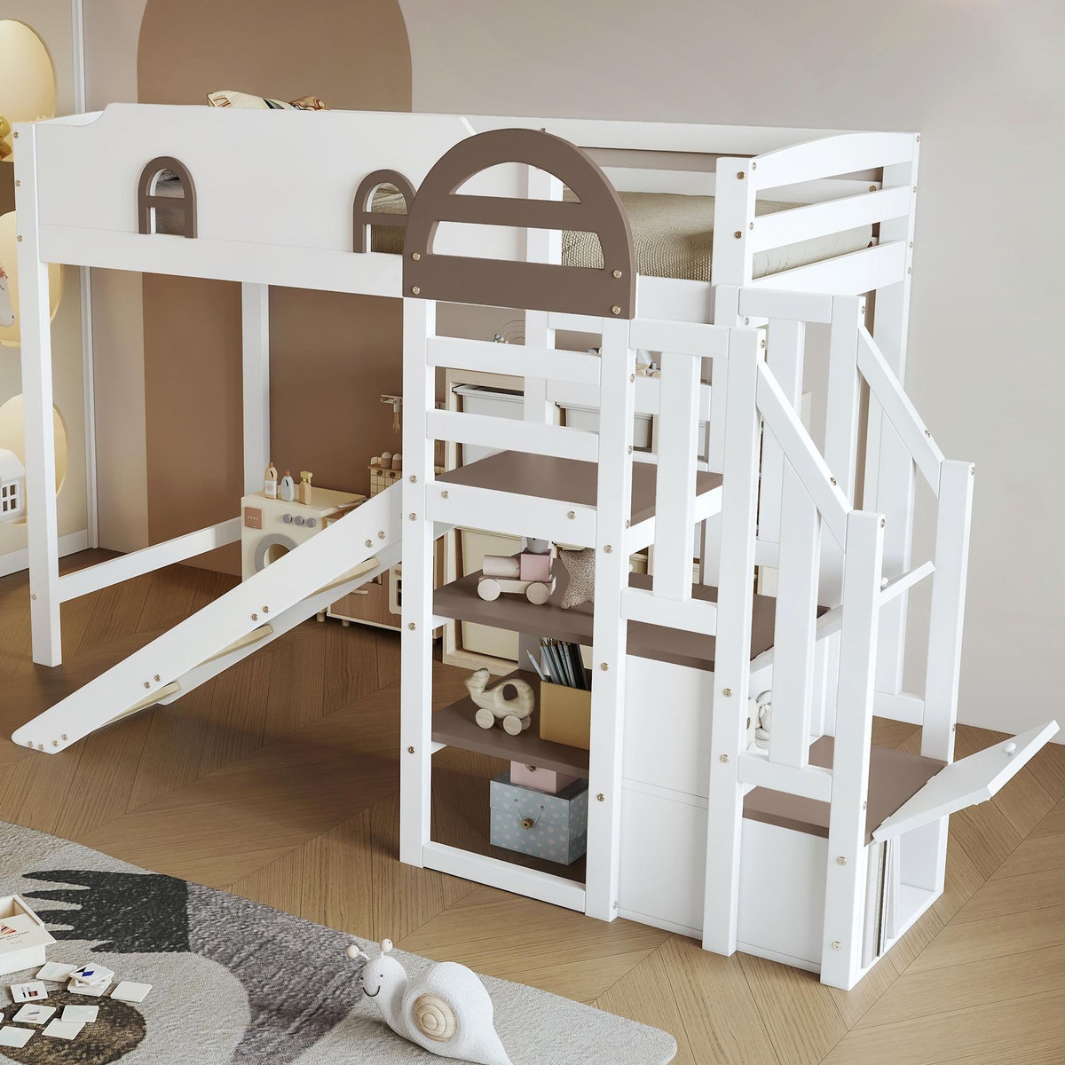 MERAX Lit combiné enfant 90x200cm coloris blanc pin et mdf