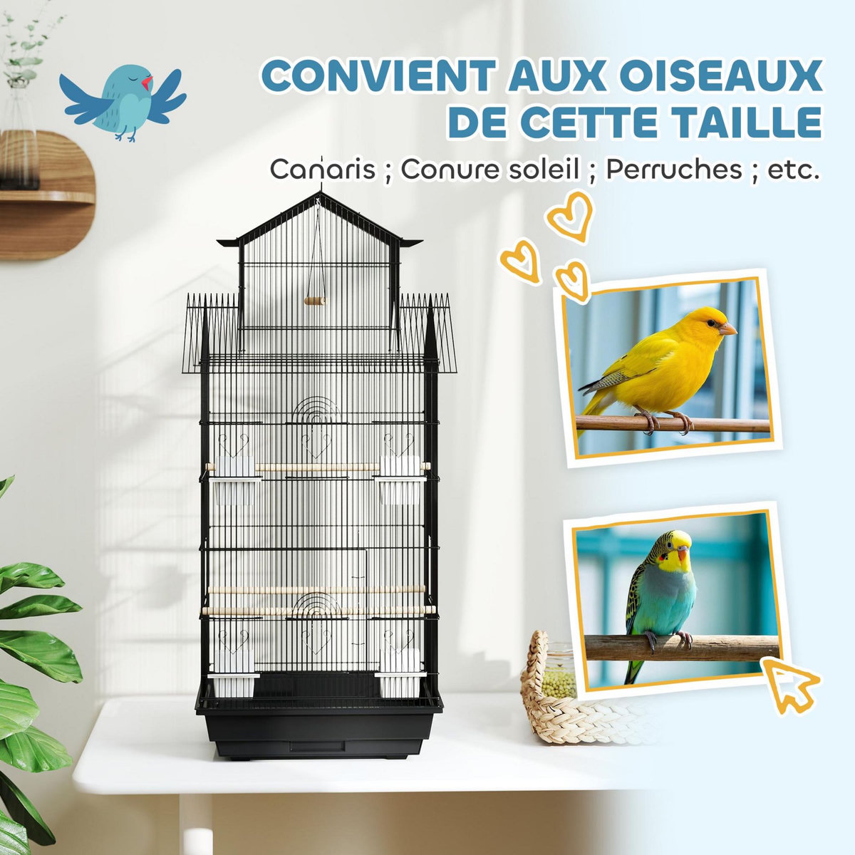 PAWHUT Cage à oiseaux design maison mangeoires perchoirs balançoire grande porte 8 trappes plateau déjection