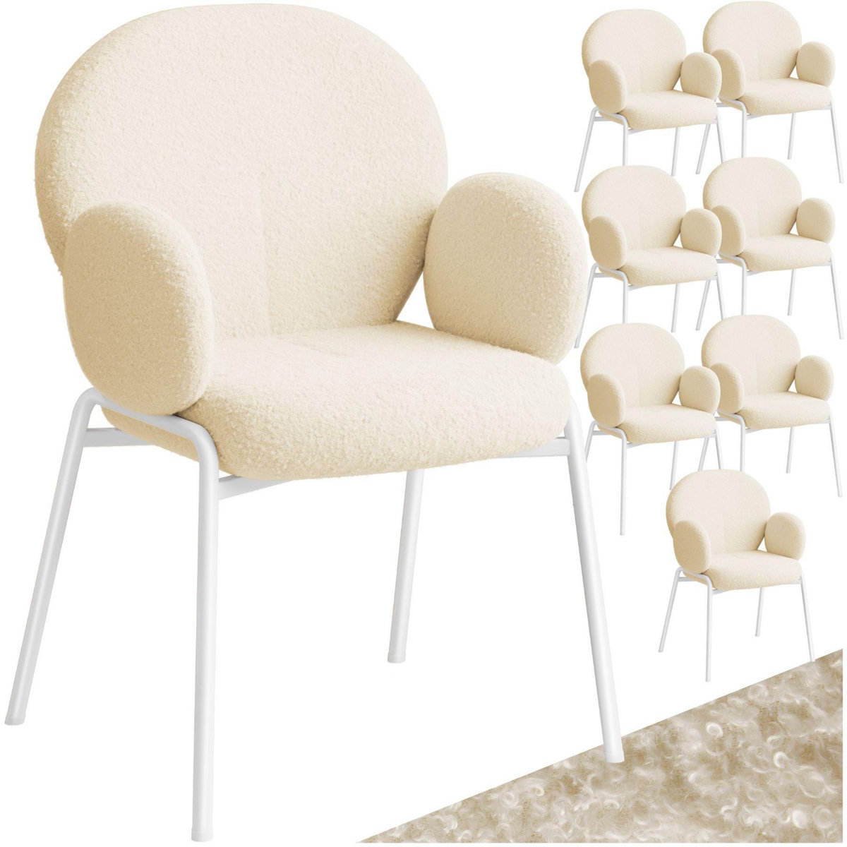 tectake Lot de 8 chaises rembourrées en tissu bouclette avec accoudoirs crème
