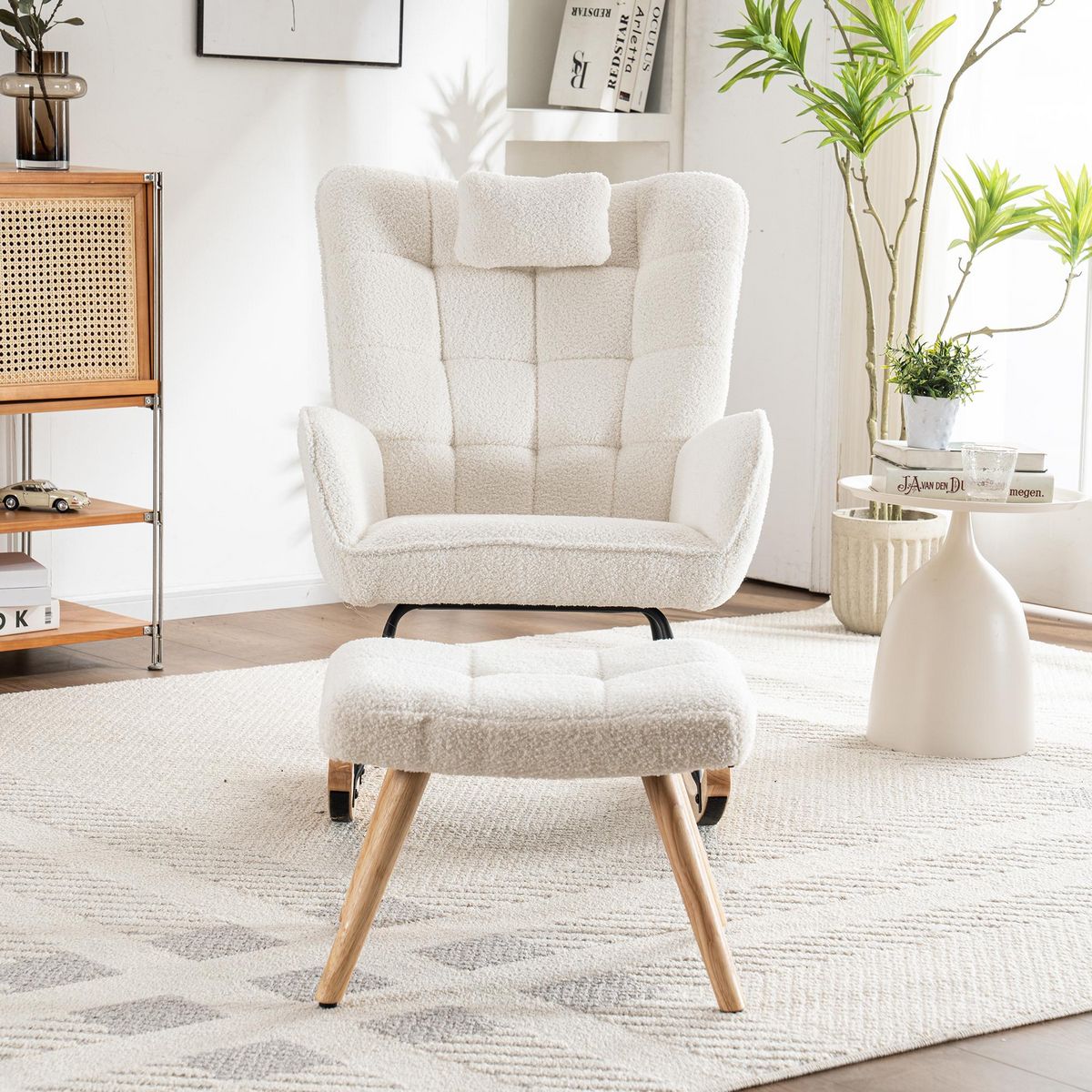 MERAX Rocking-chair Fauteuil à Bascule Avec 1 Repose-pieds Et 1 Oreiller Blanc