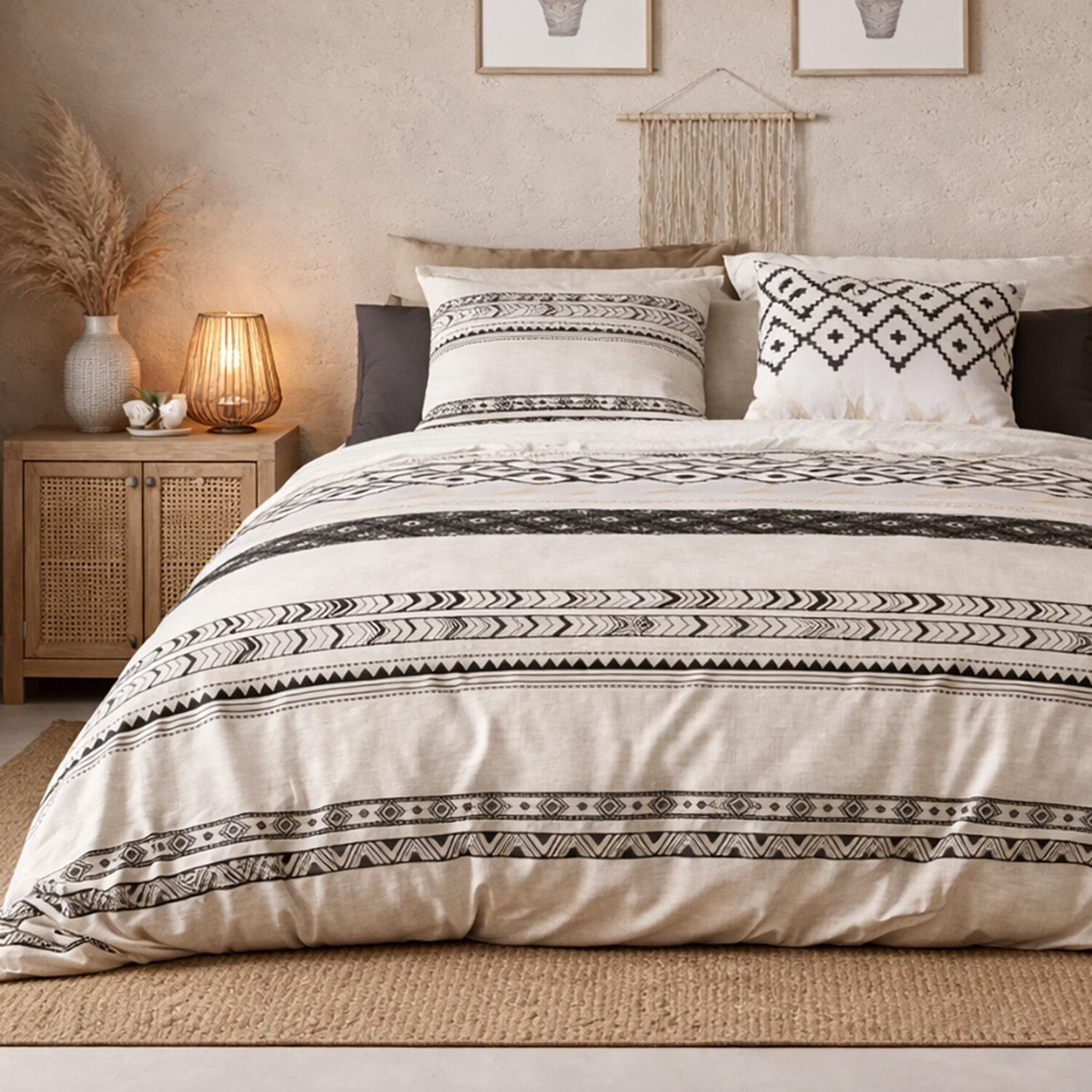 ATELIER DU COTON Parure de couette 100%coton 57fils/cm2 bohème. Coloris disponibles : Beige