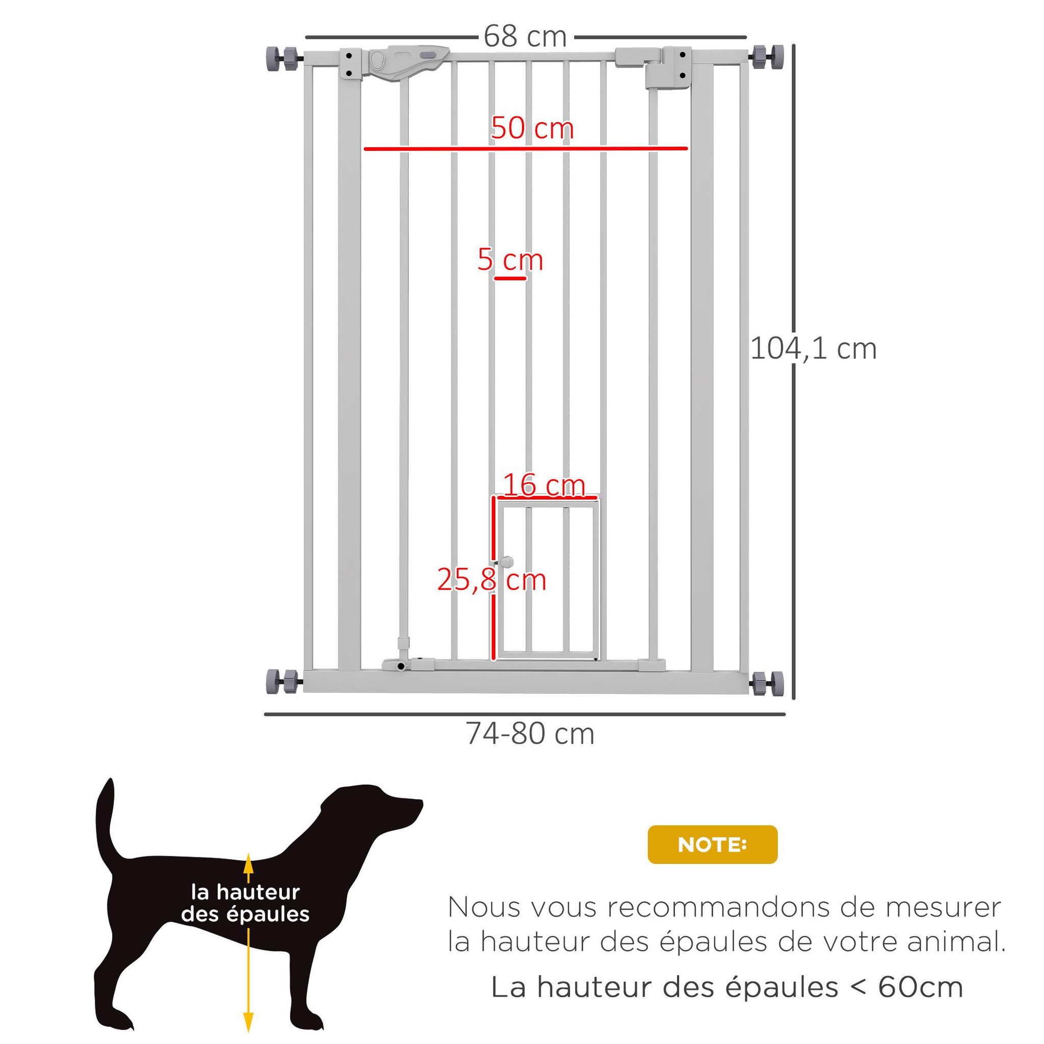 Voir la diapositive 3 : PAWHUT Barrière de sécurité animaux - longueur réglable dim. 74-80 cm - porte double verrouillage, ouverture double sens, petite porte -sans perçage - acier plastique blanc