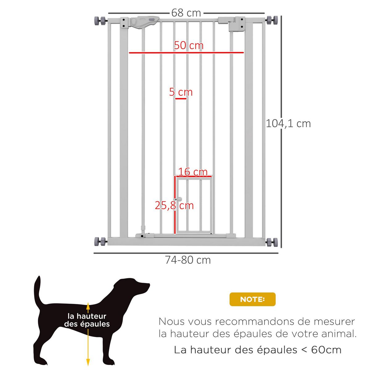 PAWHUT Barrière de sécurité animaux - longueur réglable dim. 74-80 cm - porte double verrouillage, ouverture double sens, petite porte -sans perçage - acier plastique blanc