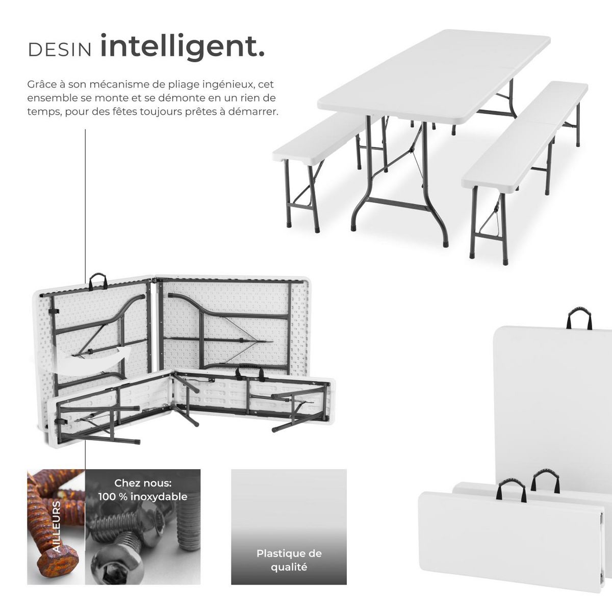 tectake Ensemble de table de camping pliable blanc