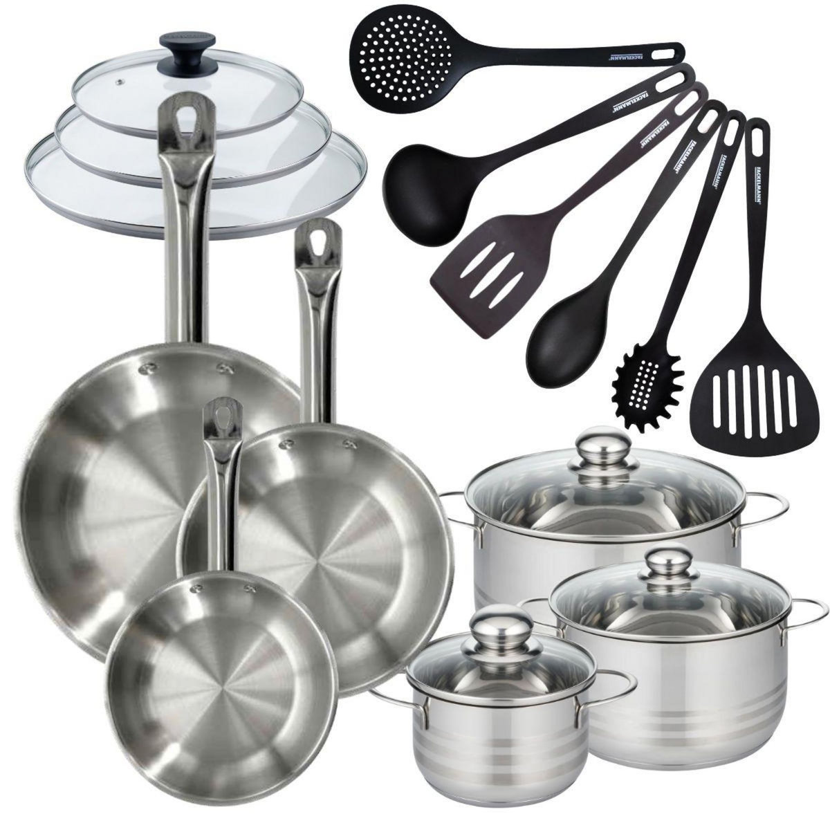 Fackelmann Set 3 poêles 20 24 28 cm en inox, 3 couvercles verre, 3 faitouts inox 16, 20 et 24 cm et 6 ustensiles RPET Fackelmann Eterna