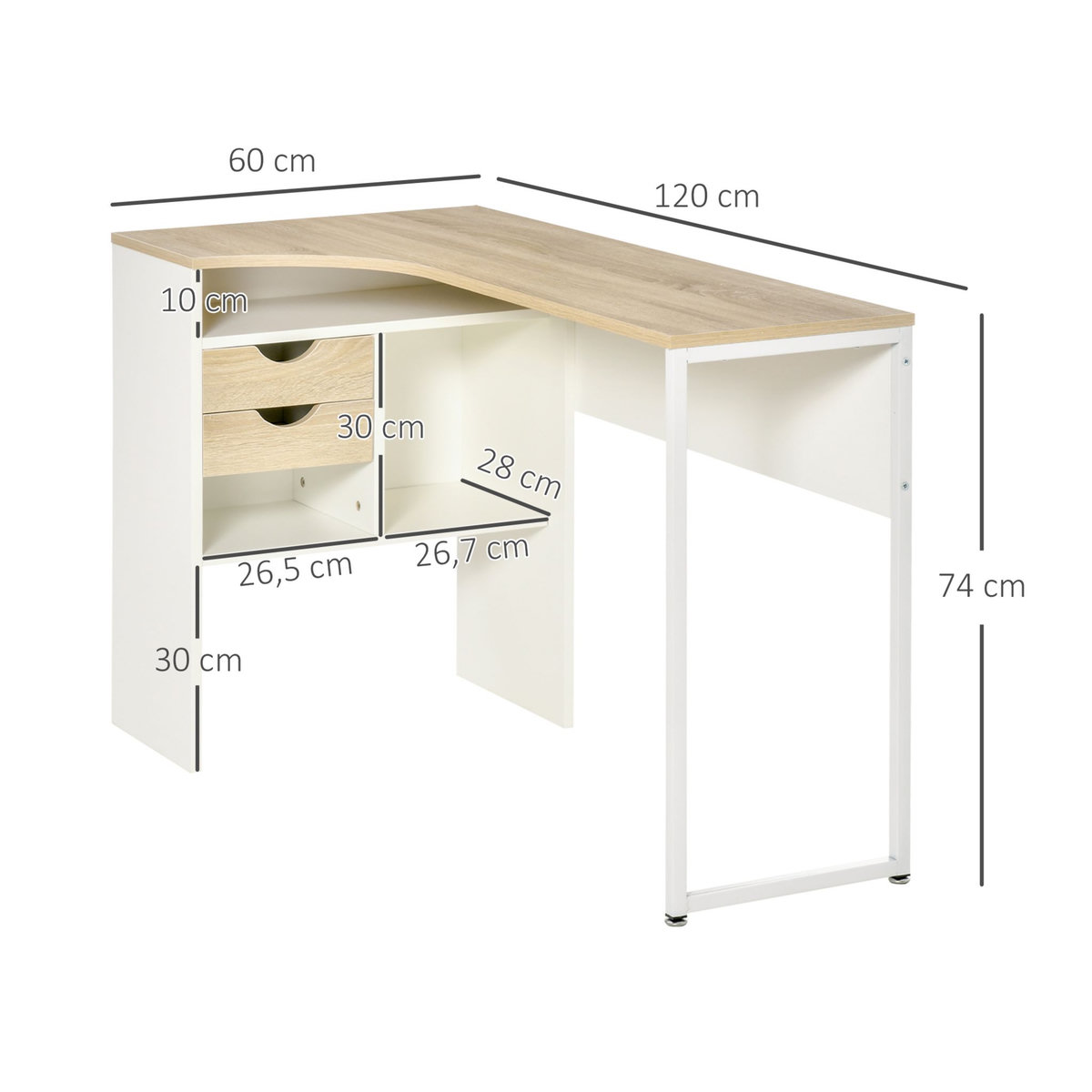 HOMCOM Bureau d'angle bureau informatique multimédia multi-rangement métal panneaux particules aspect chêne clair blanc